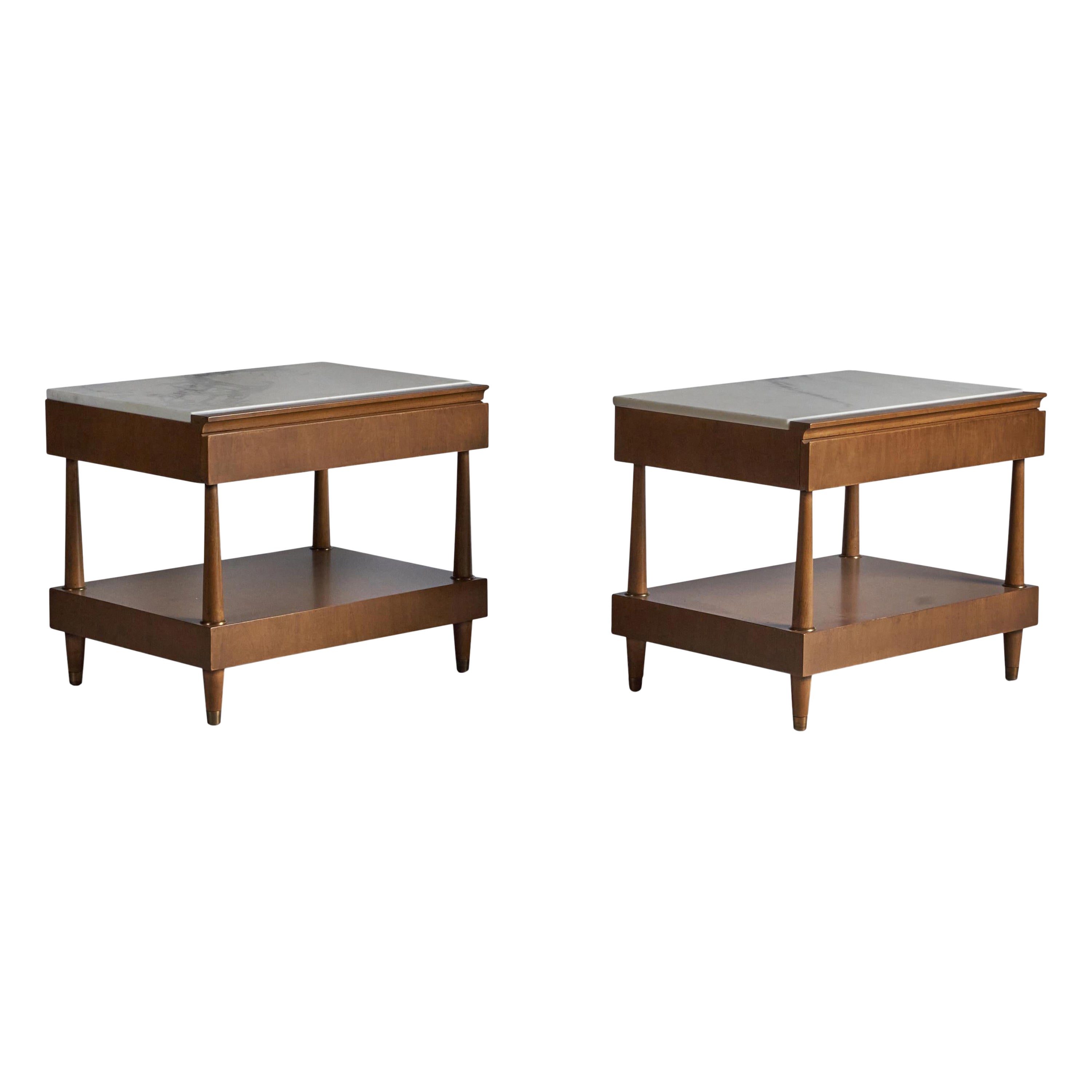 American Designer, Side Tables, Walnut, Marble, USA, 1950s For Sale