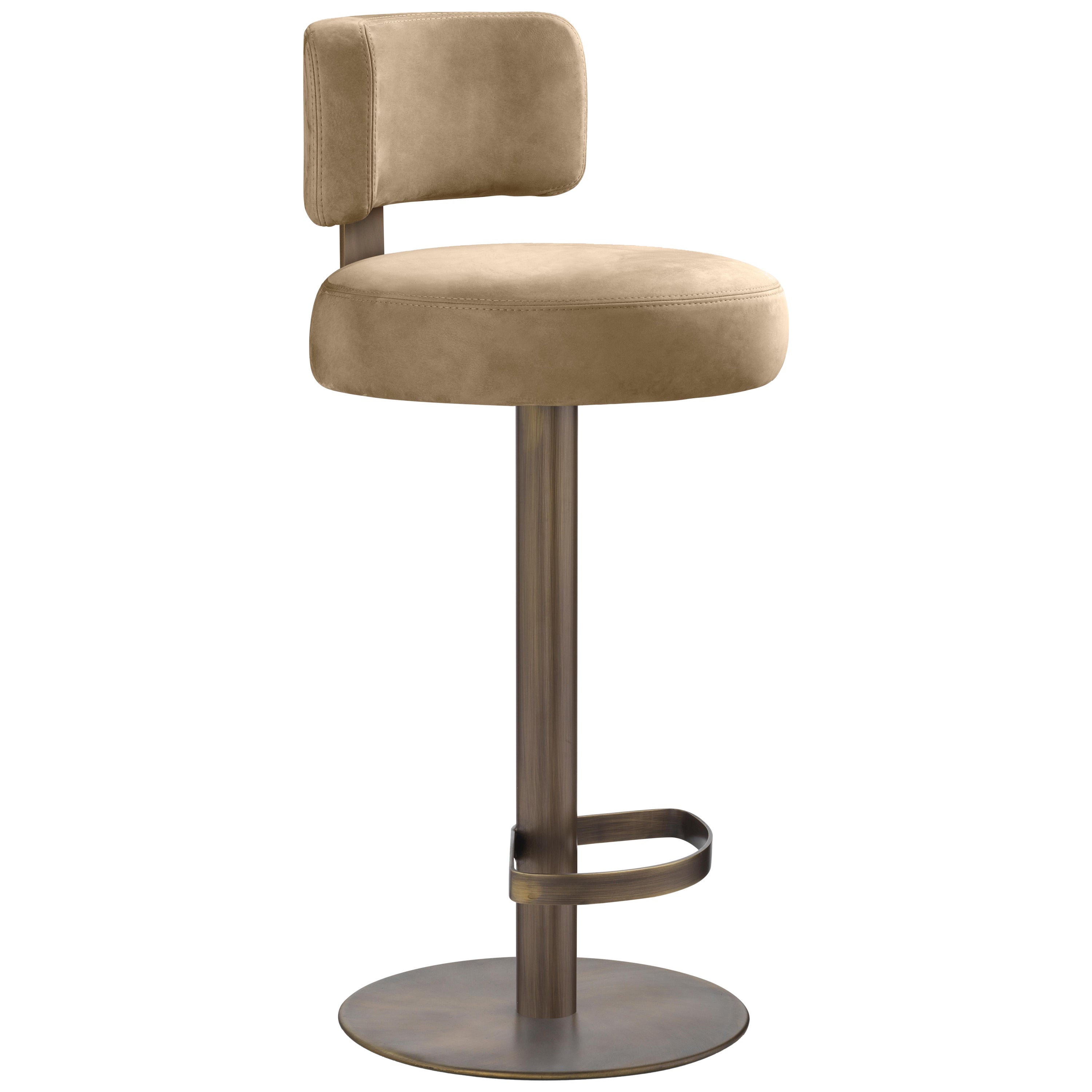 Alfred Stool Leather and Burnished Brass Structure, Made in Italy For Sale