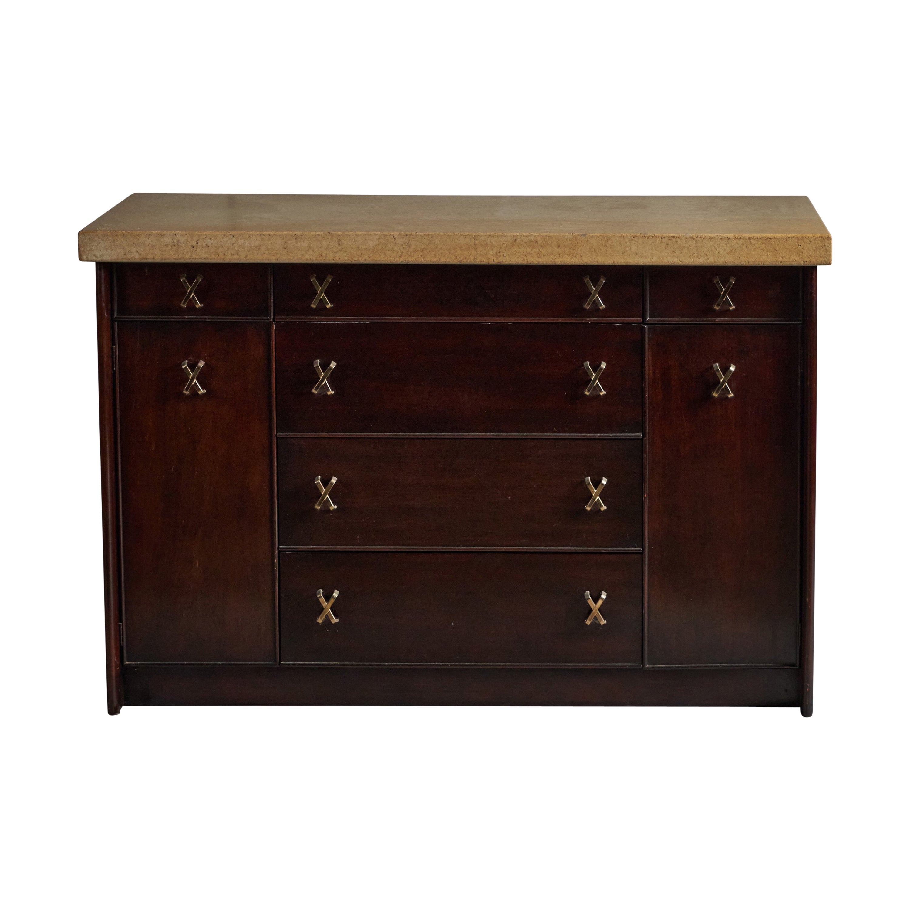 Paul Frankl, Cabinet, Mahogany, Brass, Cork, USA, 1950s For Sale