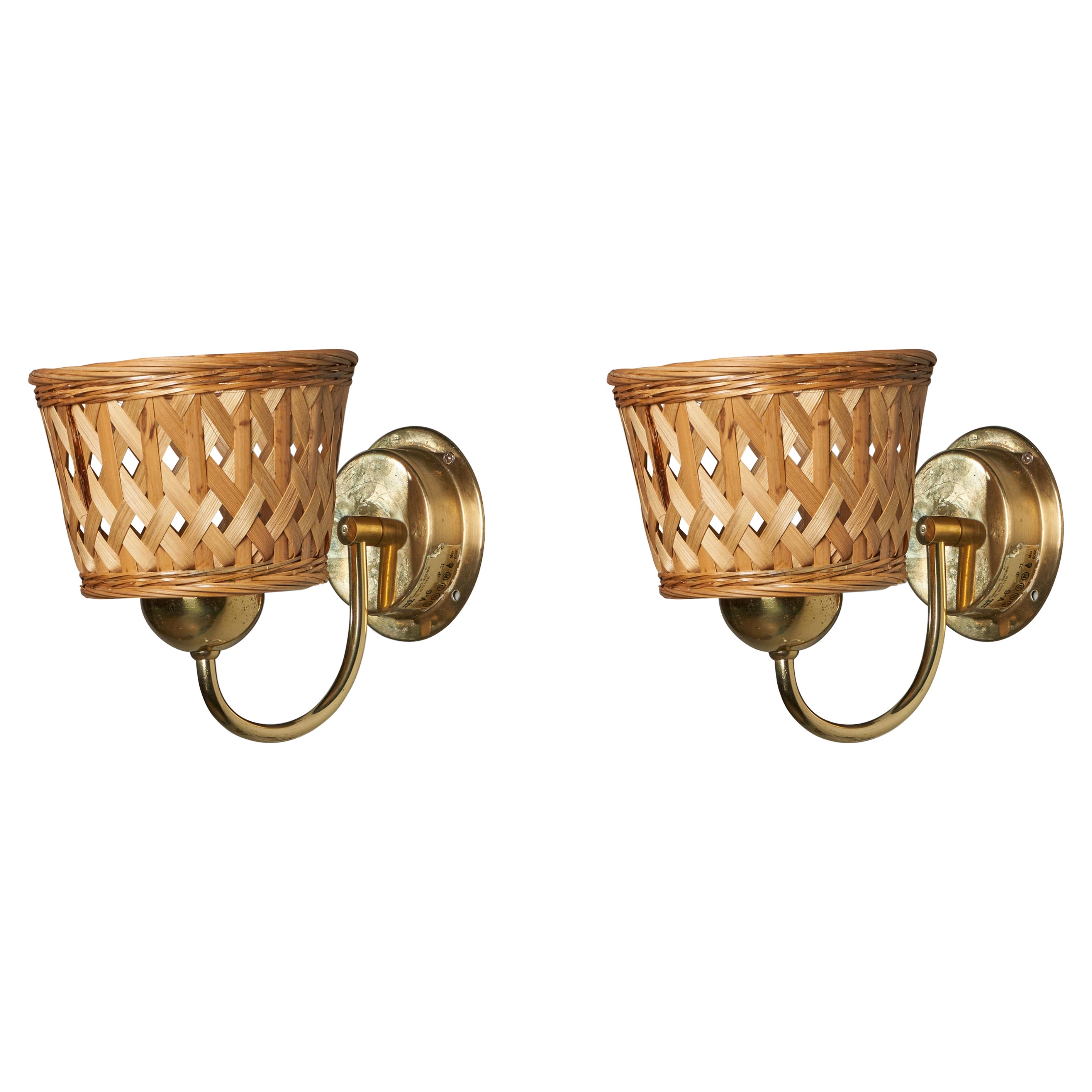 EWÅ Värnamo, Wall Lights, Brass, Rattan, Sweden 1970s For Sale