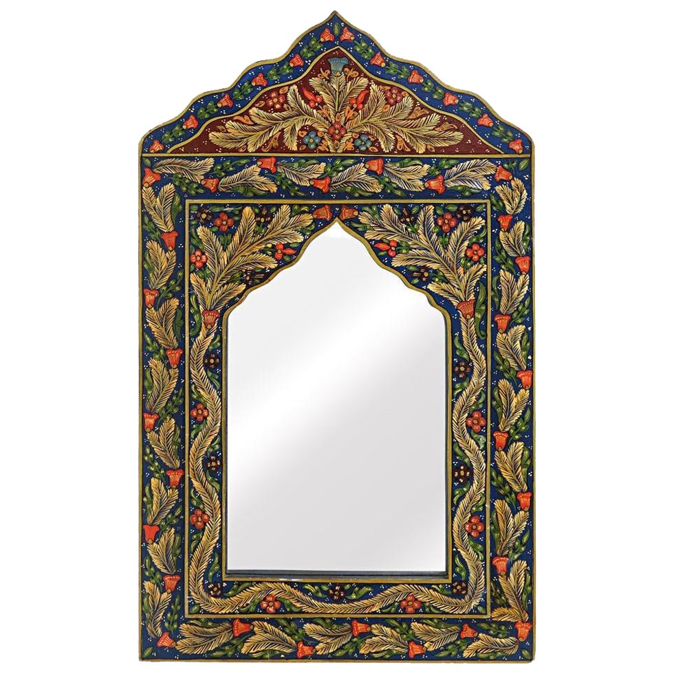 Old Oriental Hand Painted Wooden Mirror from the Orient For Sale