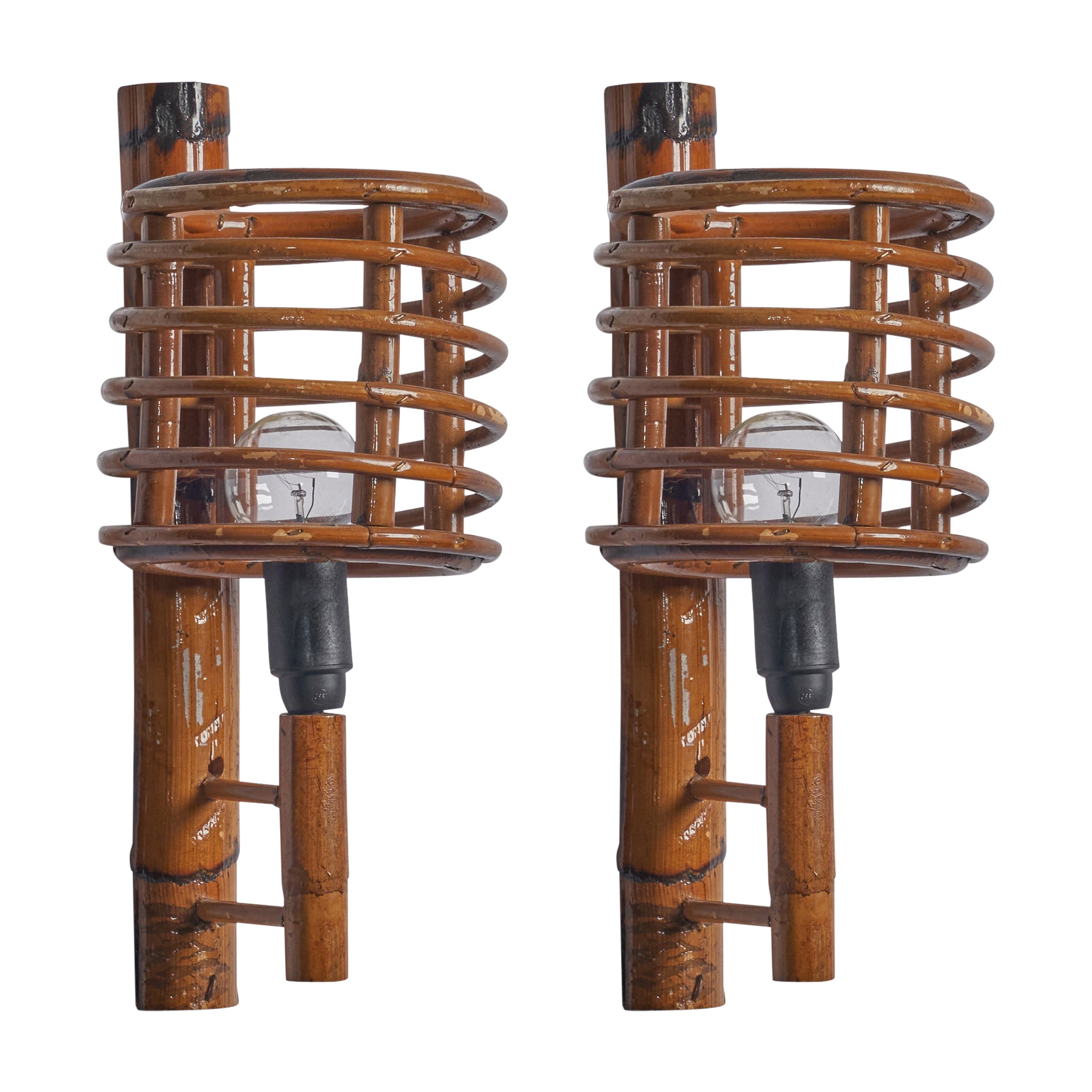 Italian Designer, Wall Lights, Bamboo, Rattan, Italy, 1970s For Sale