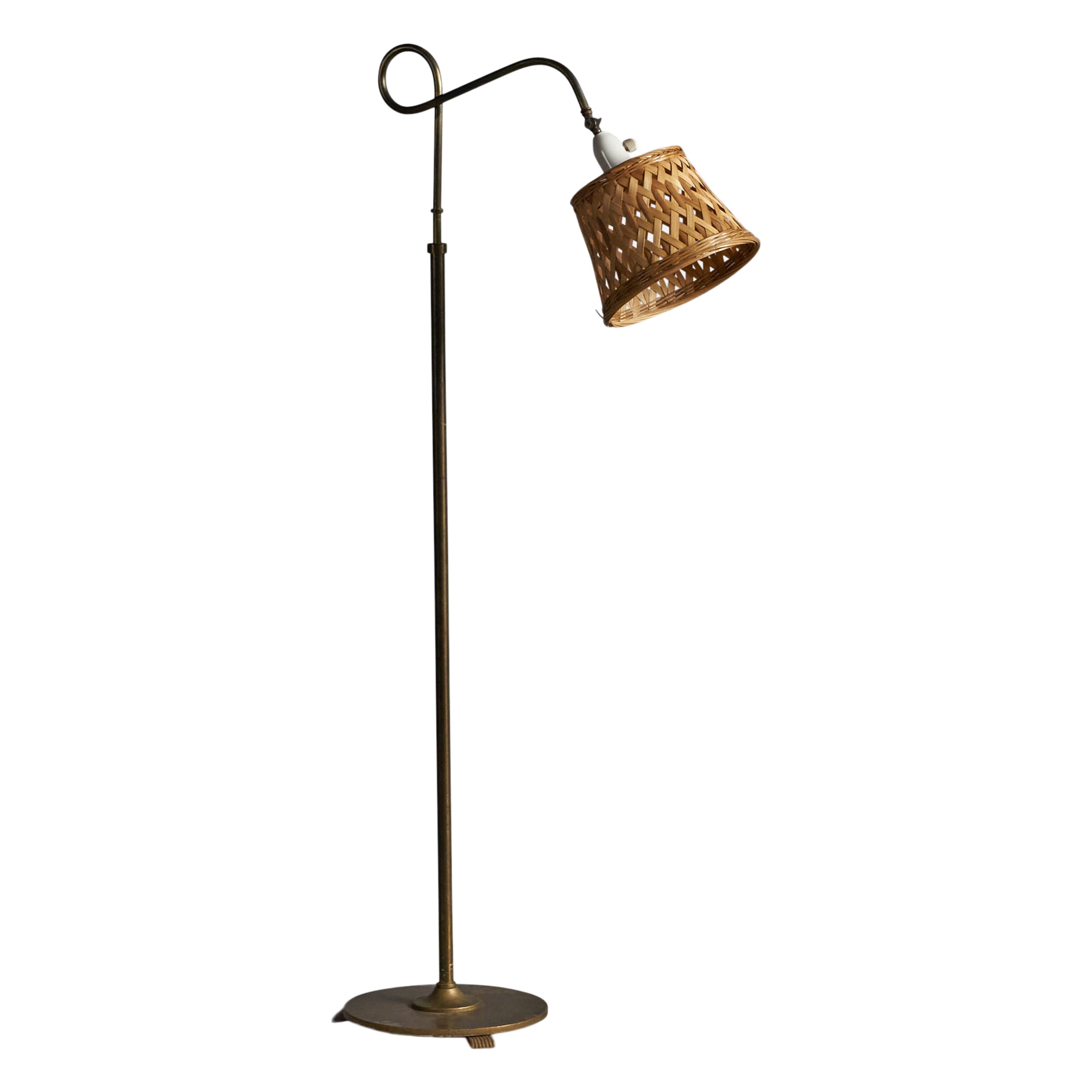 Danish Designer, Floor Lamp, Brass, Rattan, Bakelite, Denmark, 1930s For Sale