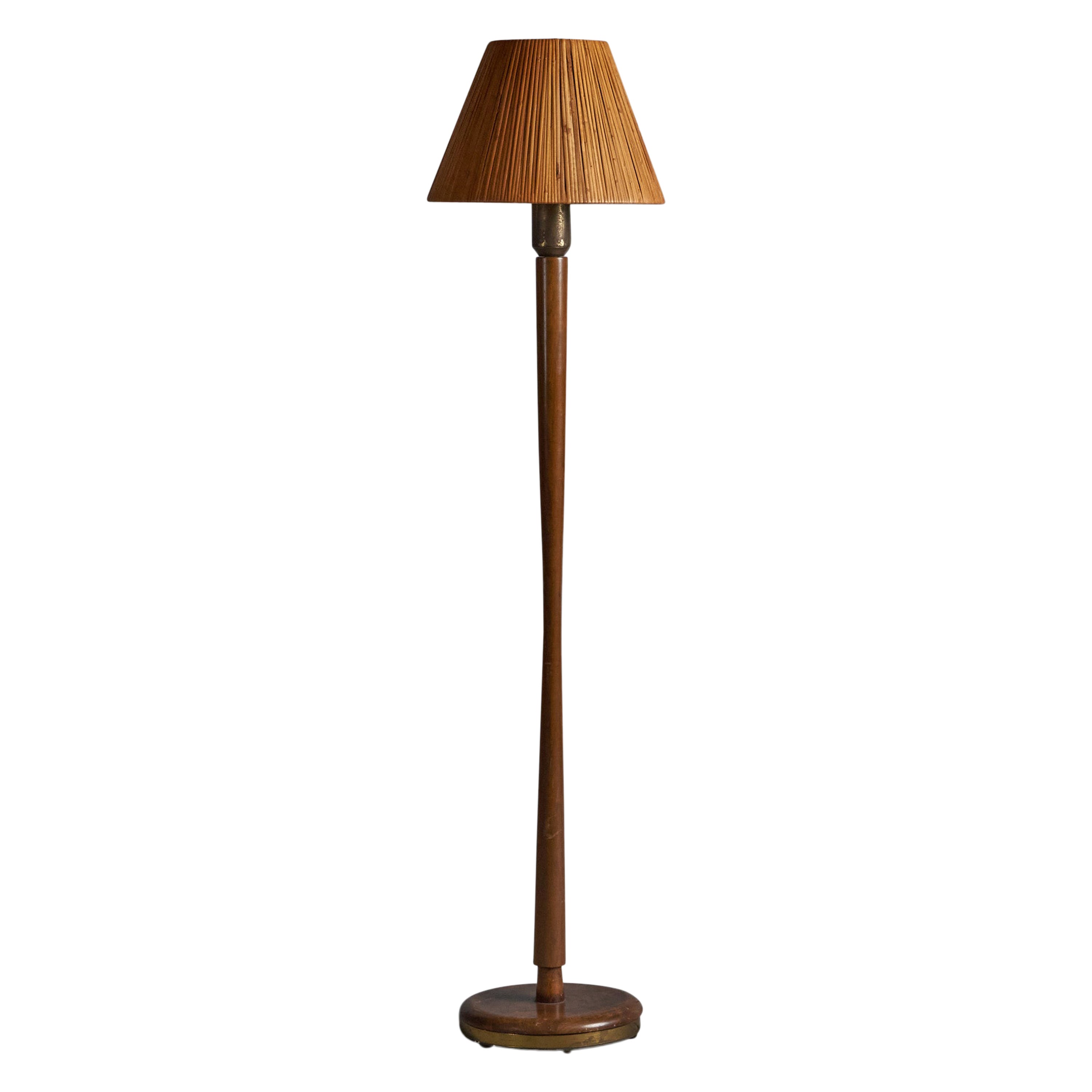 Vladimir Kagan Attribution, Floor Lamp, Walnut, Brass, Rattan, USA, 1950s For Sale