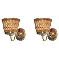 Swedish Designer, Wall Lights, Brass, Rattan, Sweden, 1970s