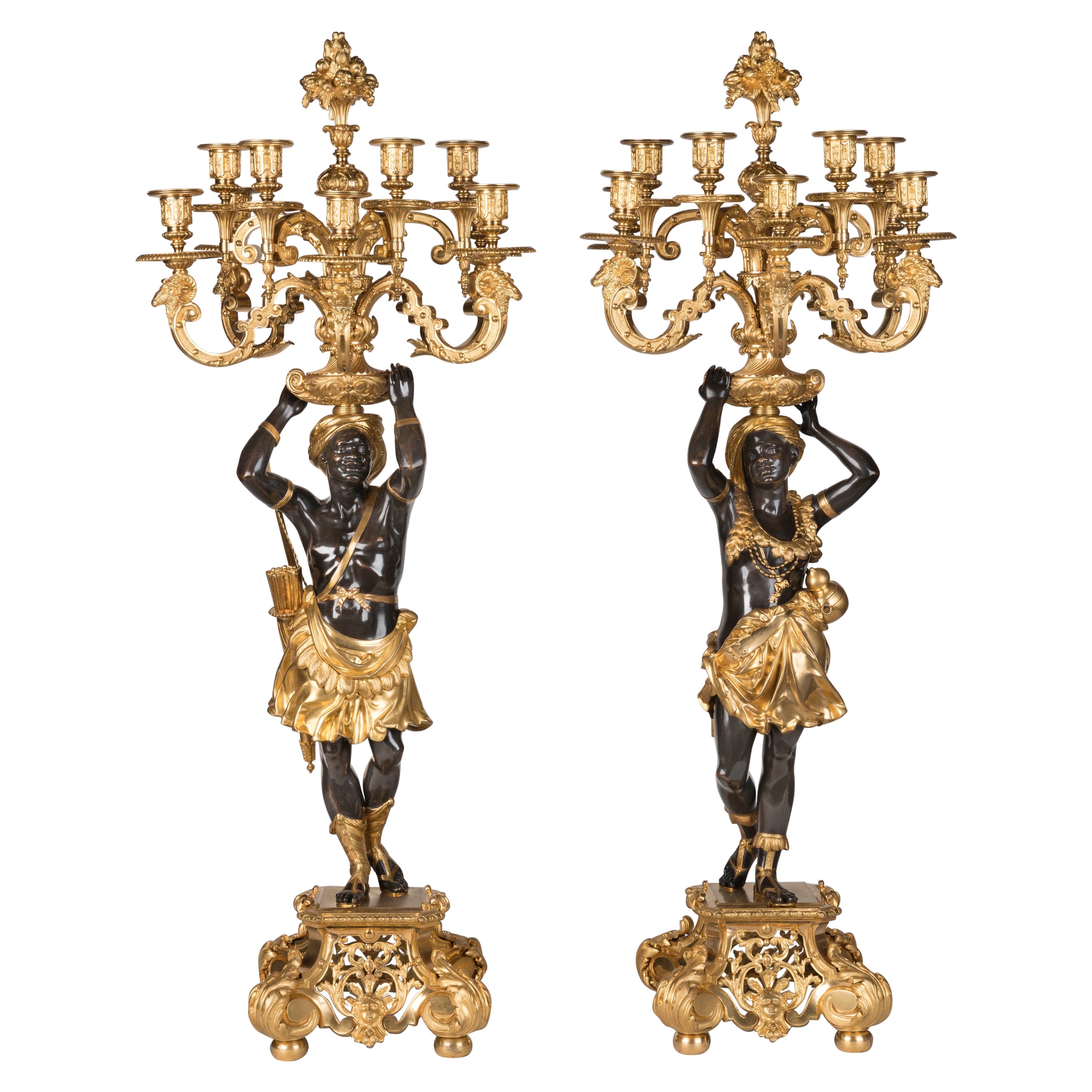 Pair of Large 19th Century Bronze and Gilded Figural Candelabra by Denière For Sale
