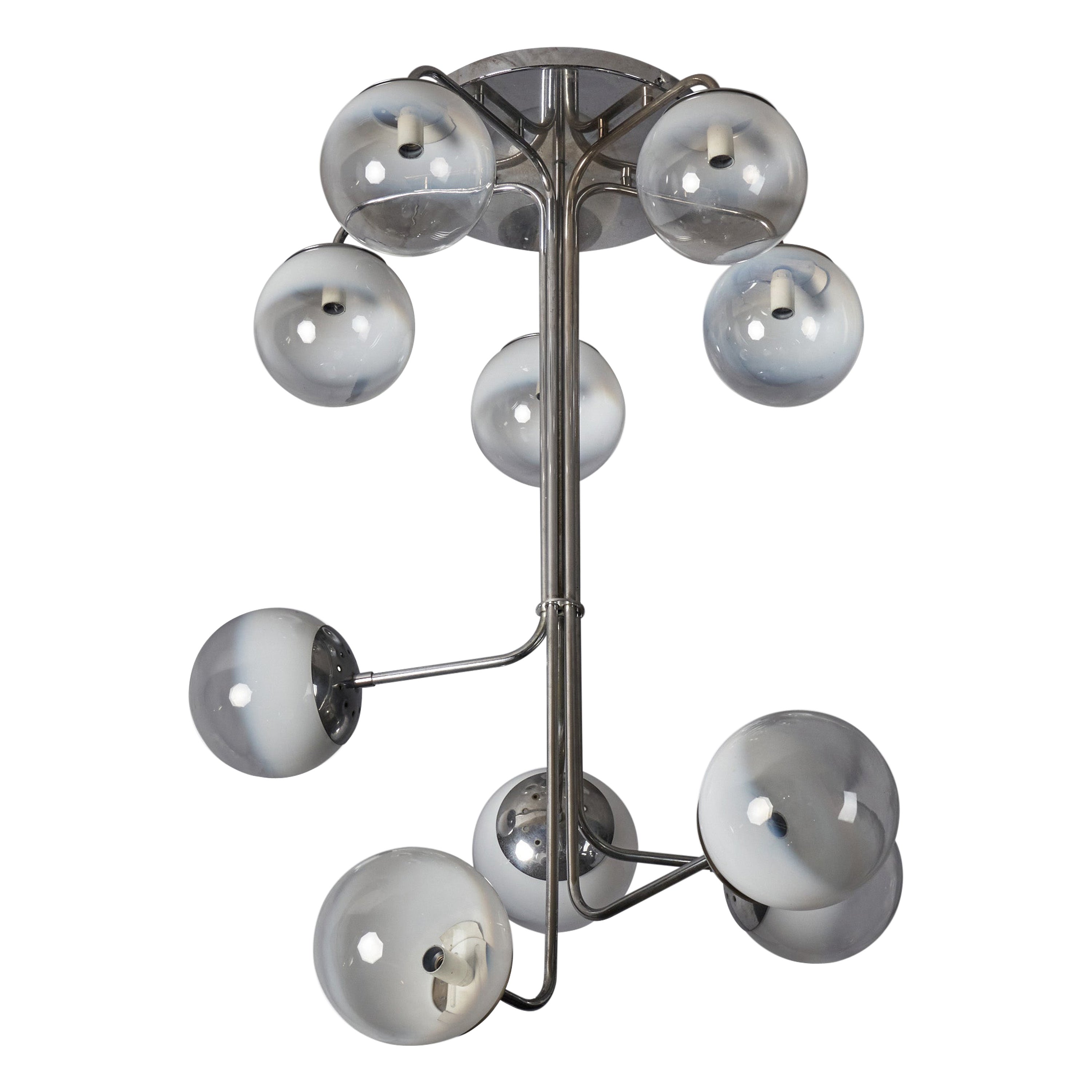 Angelo Mangiarotti, Chandelier, Chrome Metal, Glass, Italy, 1970s For Sale
