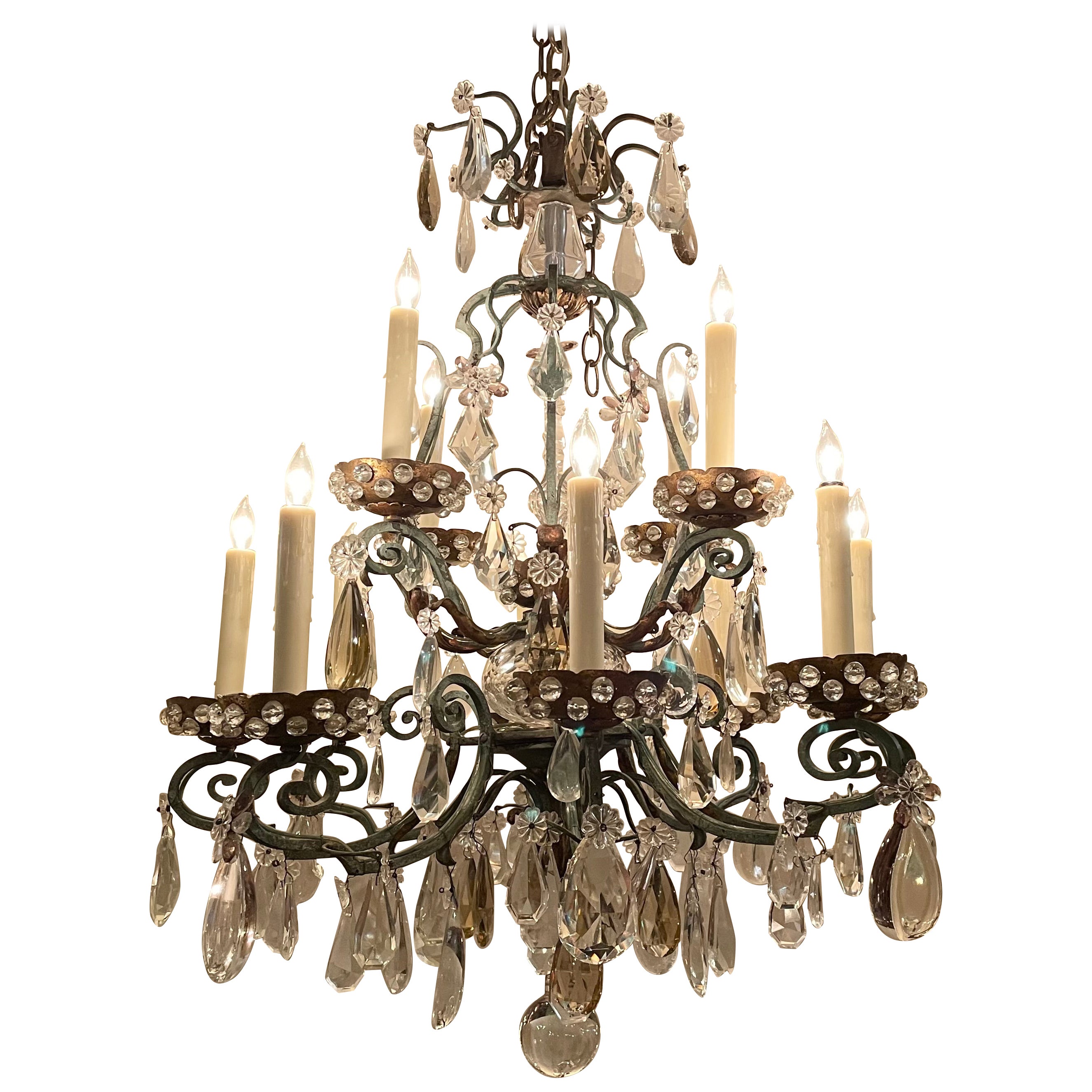Antique French Wrought Iron & Crystal Chandelier circa 1900 For Sale