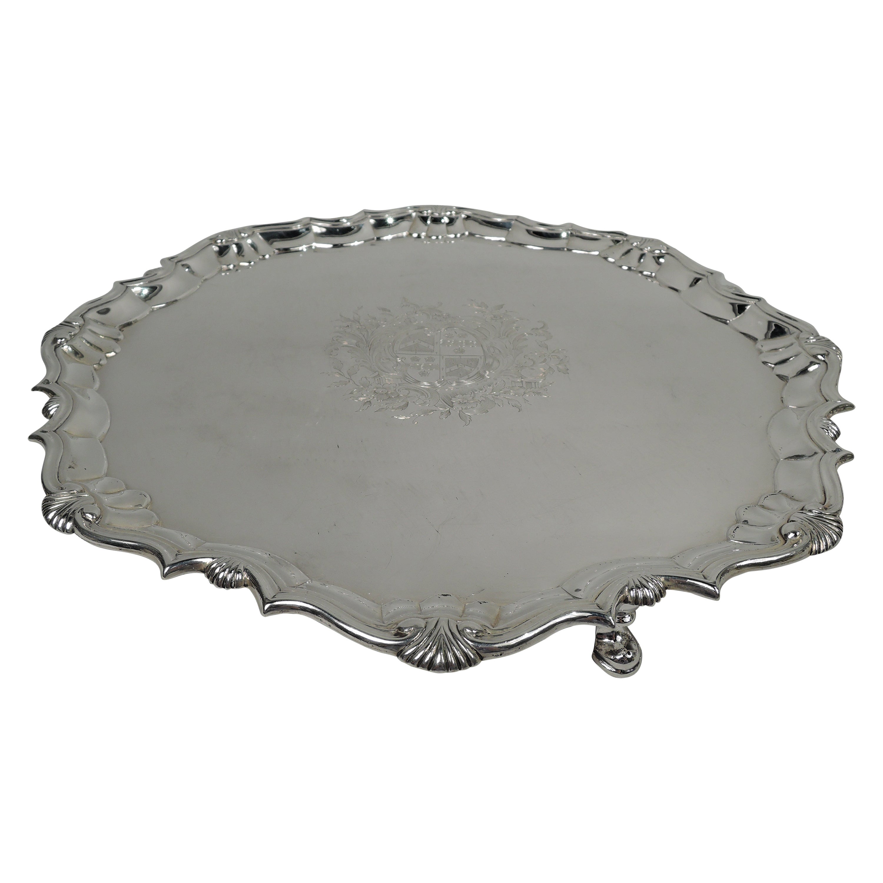 English Georgian Armorial Piecrust Shell Salver by Abercromby, 1741 For Sale