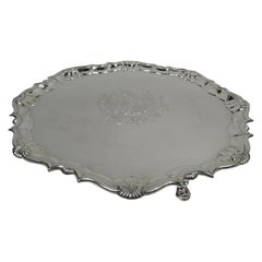 Antique English Georgian Armorial Piecrust Shell Salver by Abercromby, 1741