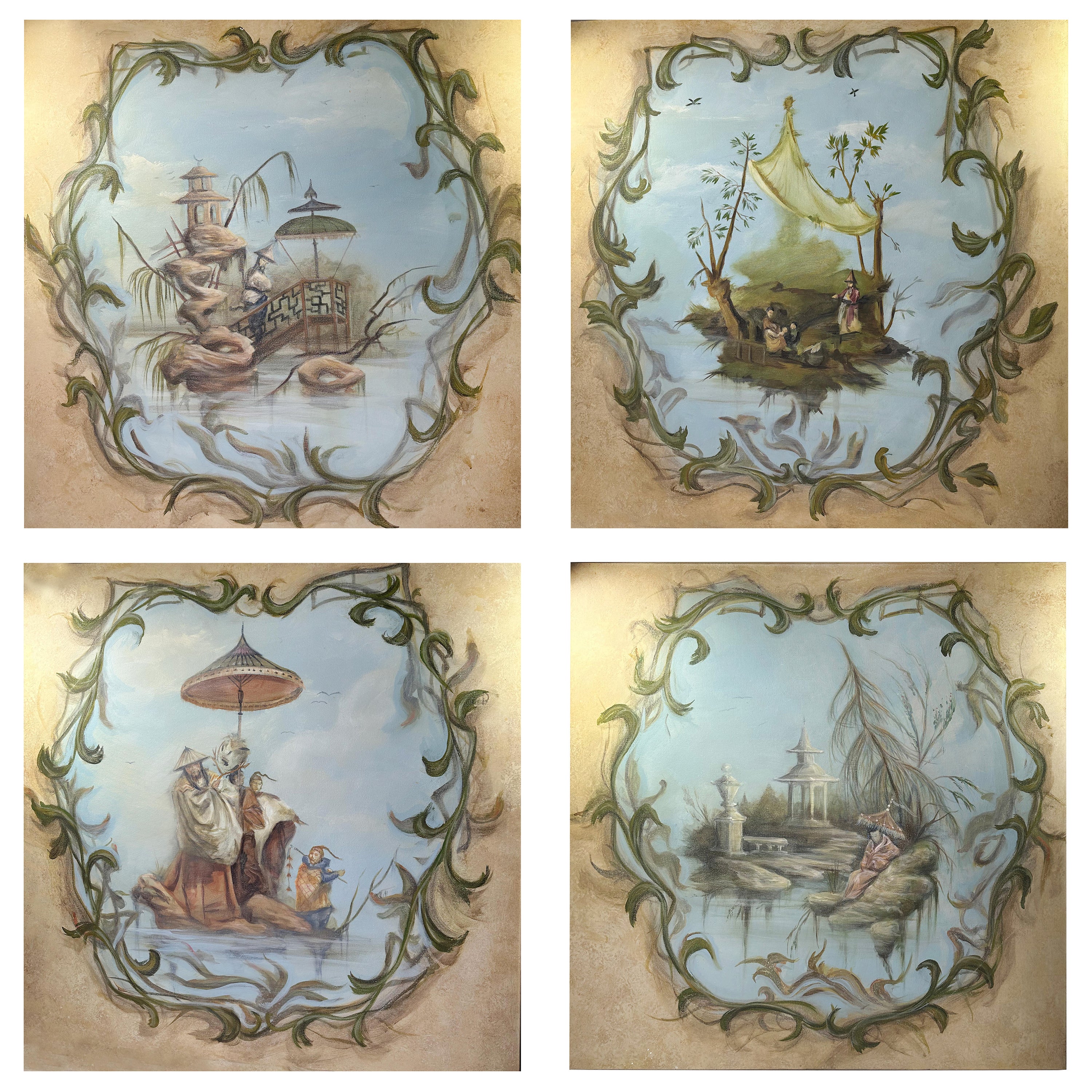 Four panel set of Chinoiserie paintings by artist Richard Holton For Sale