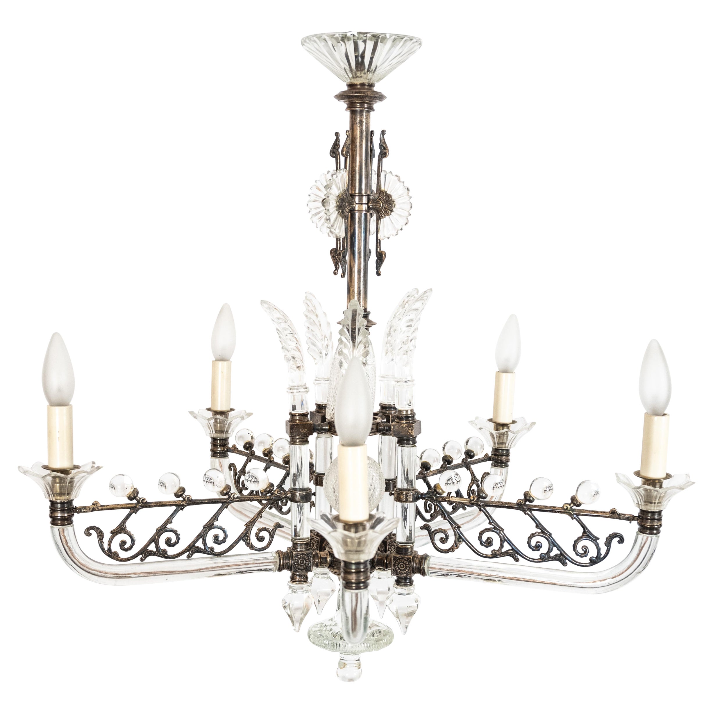 F & C Osler Chandelier Silver and Glass 5 Light For Sale
