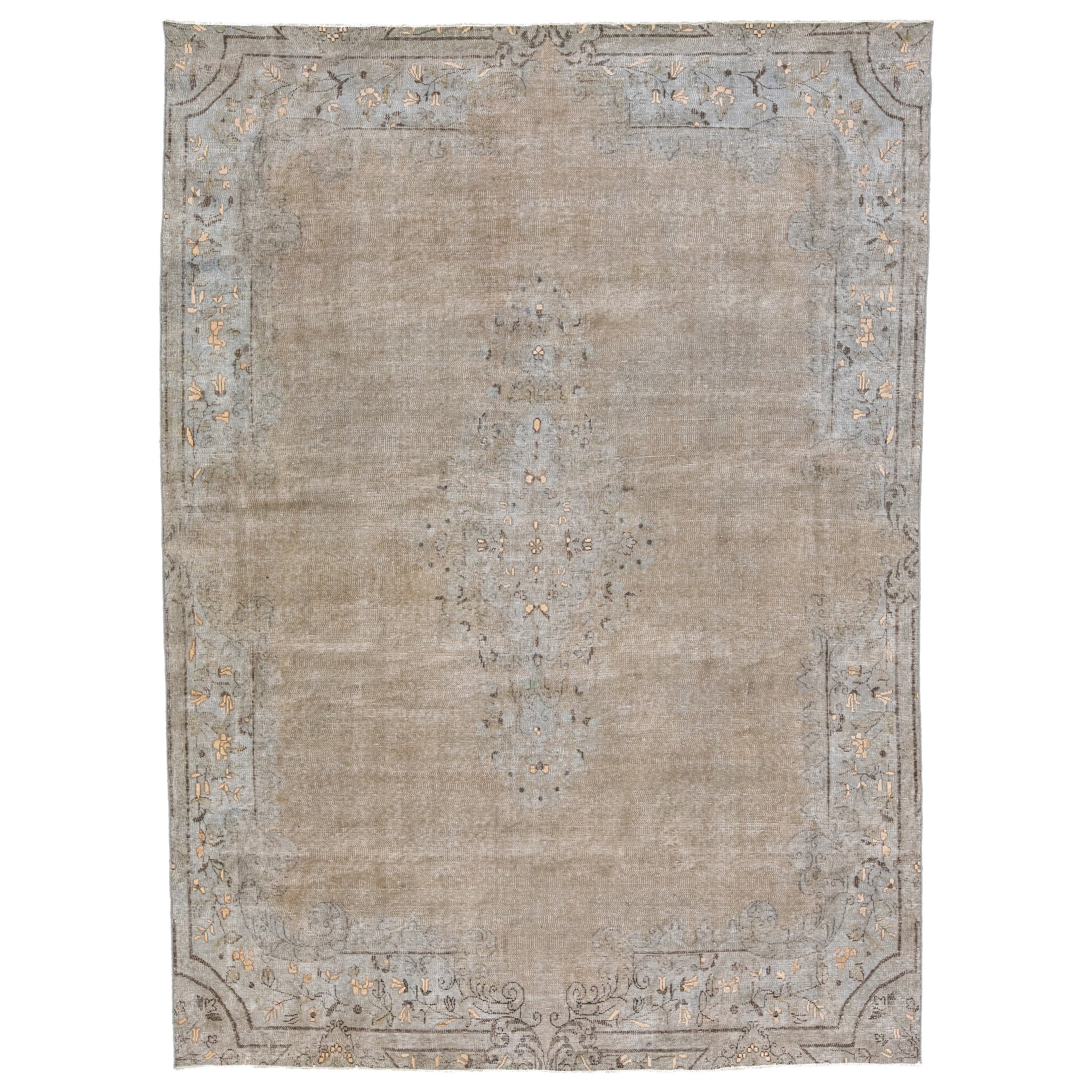 Persischer handgefertigter Medaillon-Teppich aus Wolle in Beige im Used-Look