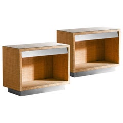Pair of bamboo and metal console tables with drawer 1980
