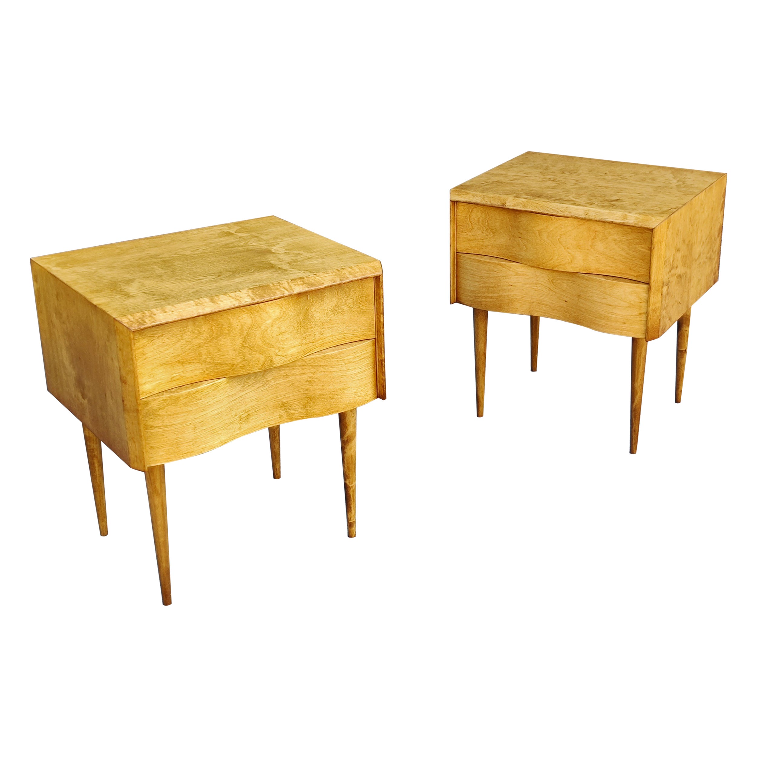 Restored Pair of Edmund Spence Golden Birch Wavy Front Nightstands, Sweden 1950s