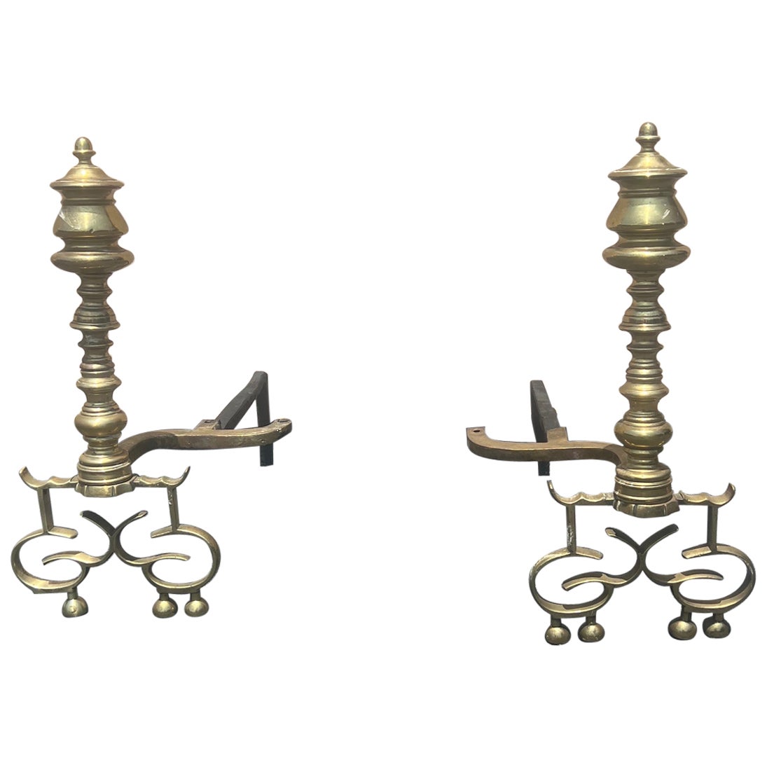 A pair of Antique English Brass Andirons For Sale