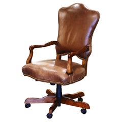 Antique Adjustable and Swivel Office Desk Armchair with Tan Leather
