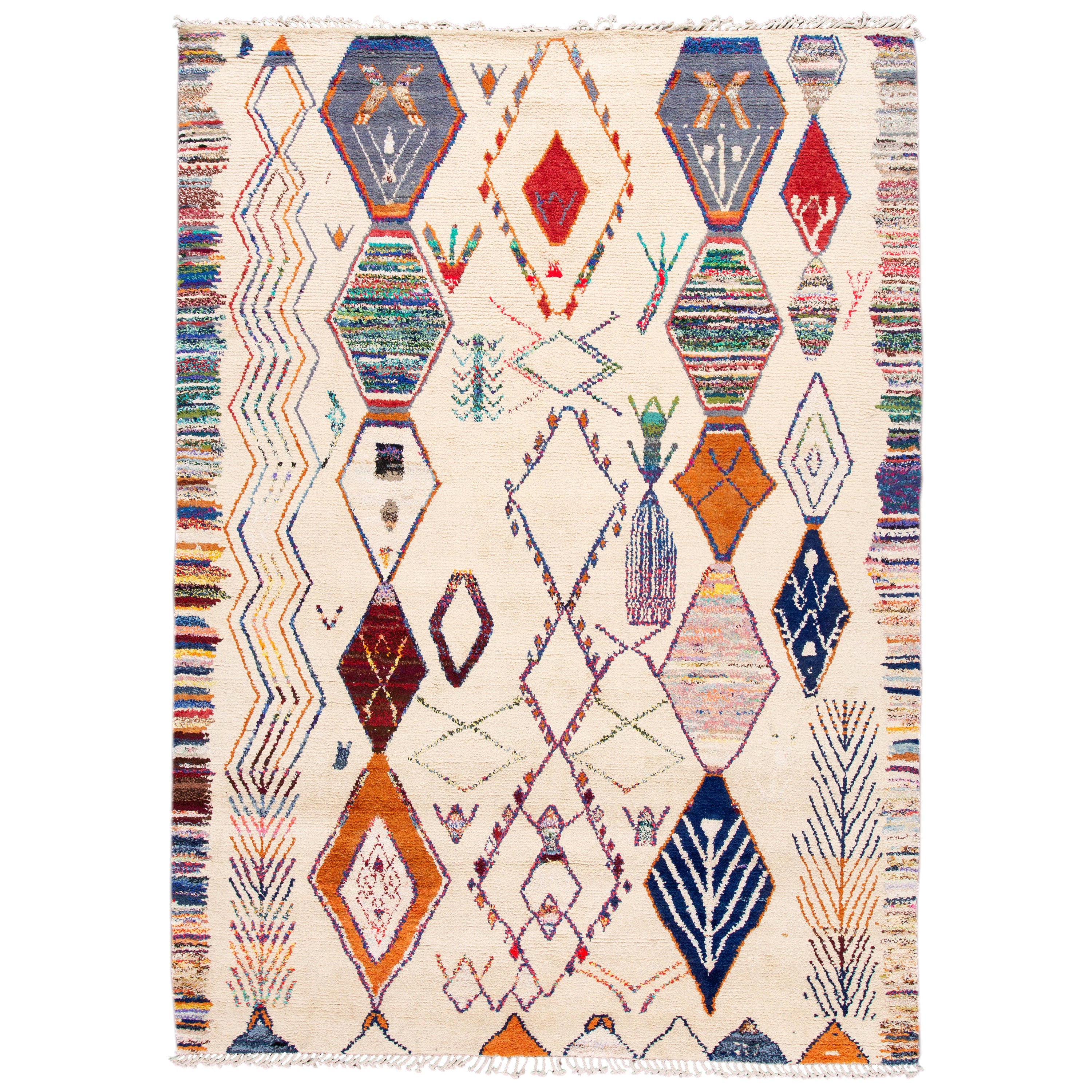 Beige Moroccan Style Modern Wool Rug With Multicolor Tribal Design For Sale