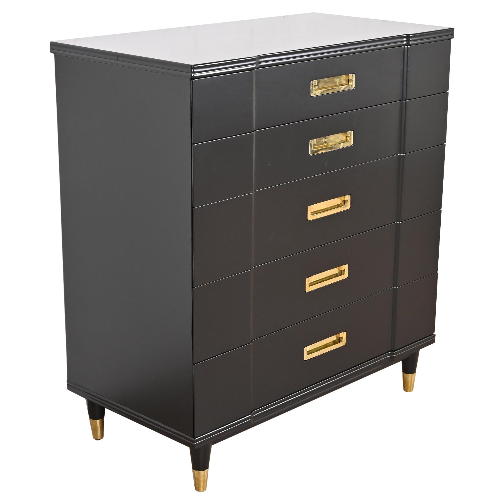 John Widdicomb Hollywood Regency Campaign Black Lacquered Highboy Dresser, 1950s