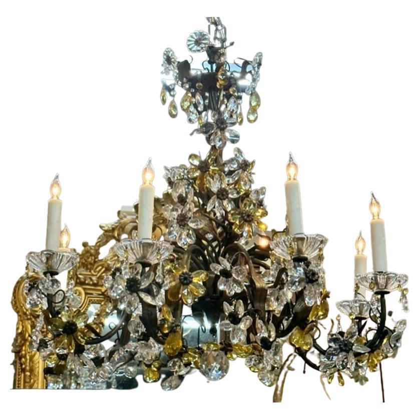Italian Iron and Crystal Flower Chandelier In Good Condition For Sale In Dallas, TX