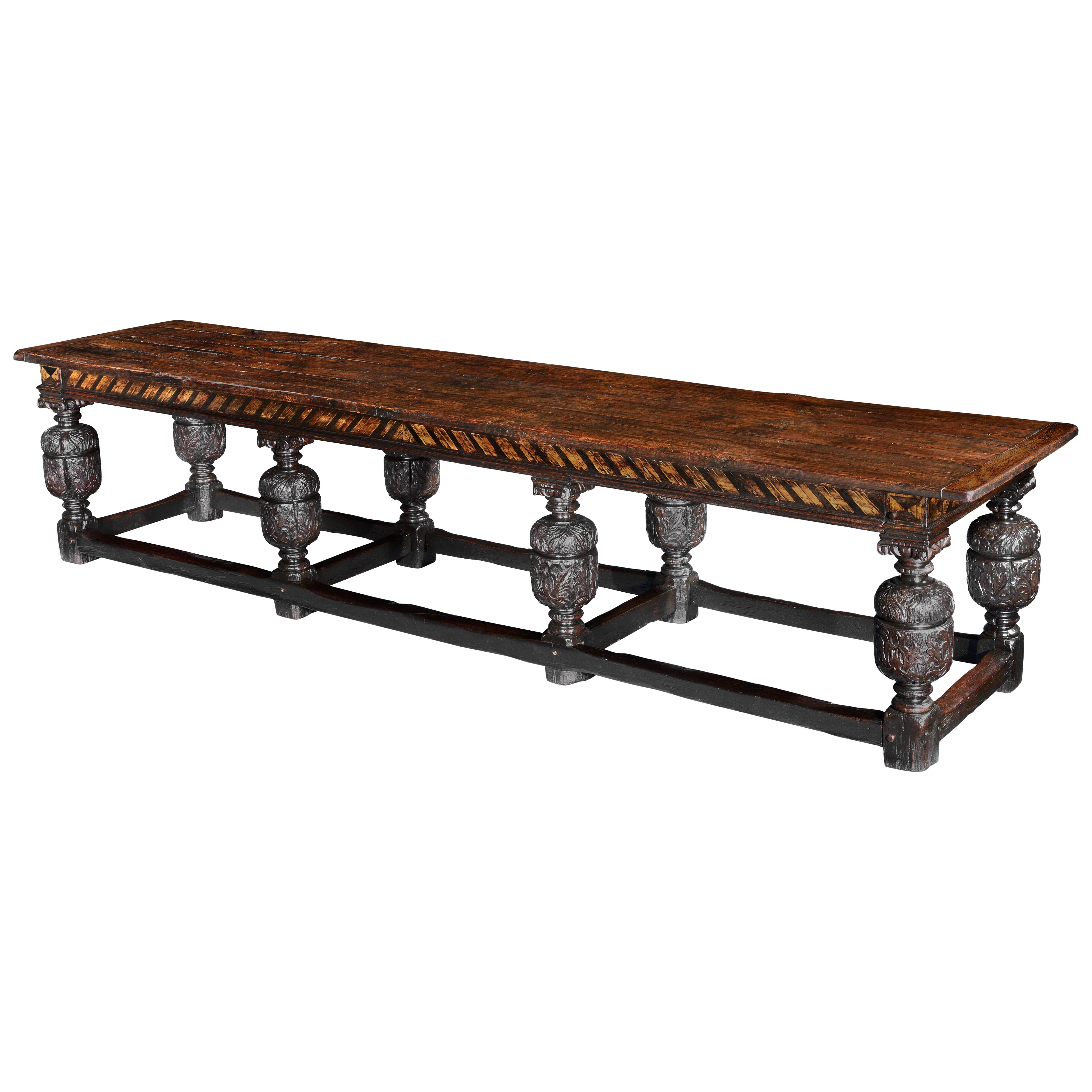 Table Refectory Dining Seats18 Antiquarian Parquetry Elm Oak Box 368cm 145" long For Sale