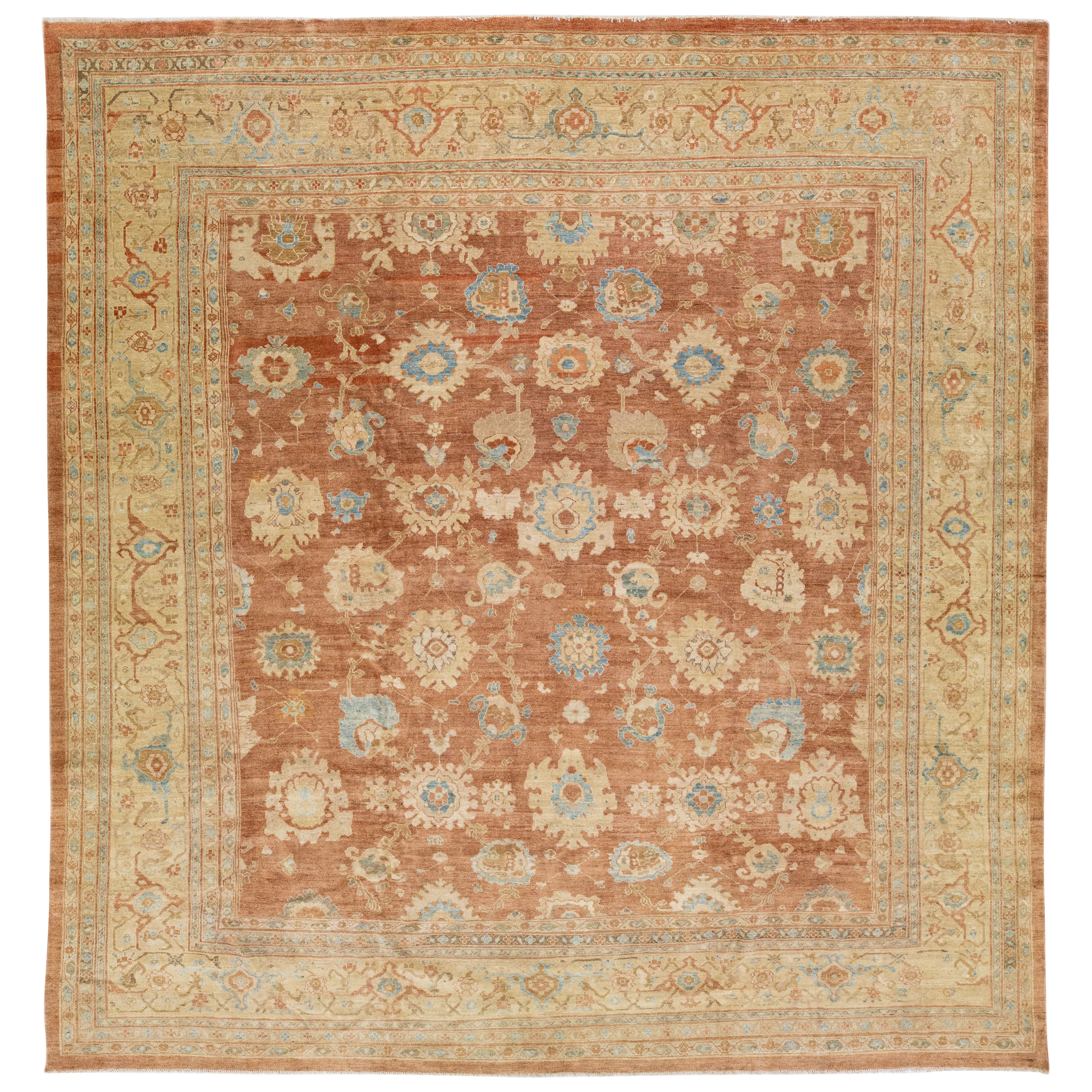 Handmade Square Modern Sultanabad Wool Rug In Brown With Floral Motif For Sale