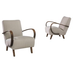1950s H-410 Beige Upholstered Armchairs by J. Halabala, A Pair