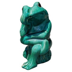 American Glazed Large Porcelain Frog Fountain Sitting & Pondering Life 20th Cent