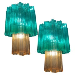 Pair Elegant Italian Emerald and Gold Chandeliers by Valentina Planta, Murano