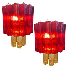 Amazing Pair of Italian Red and Gold Chandeliers by Valentina Planta, Murano