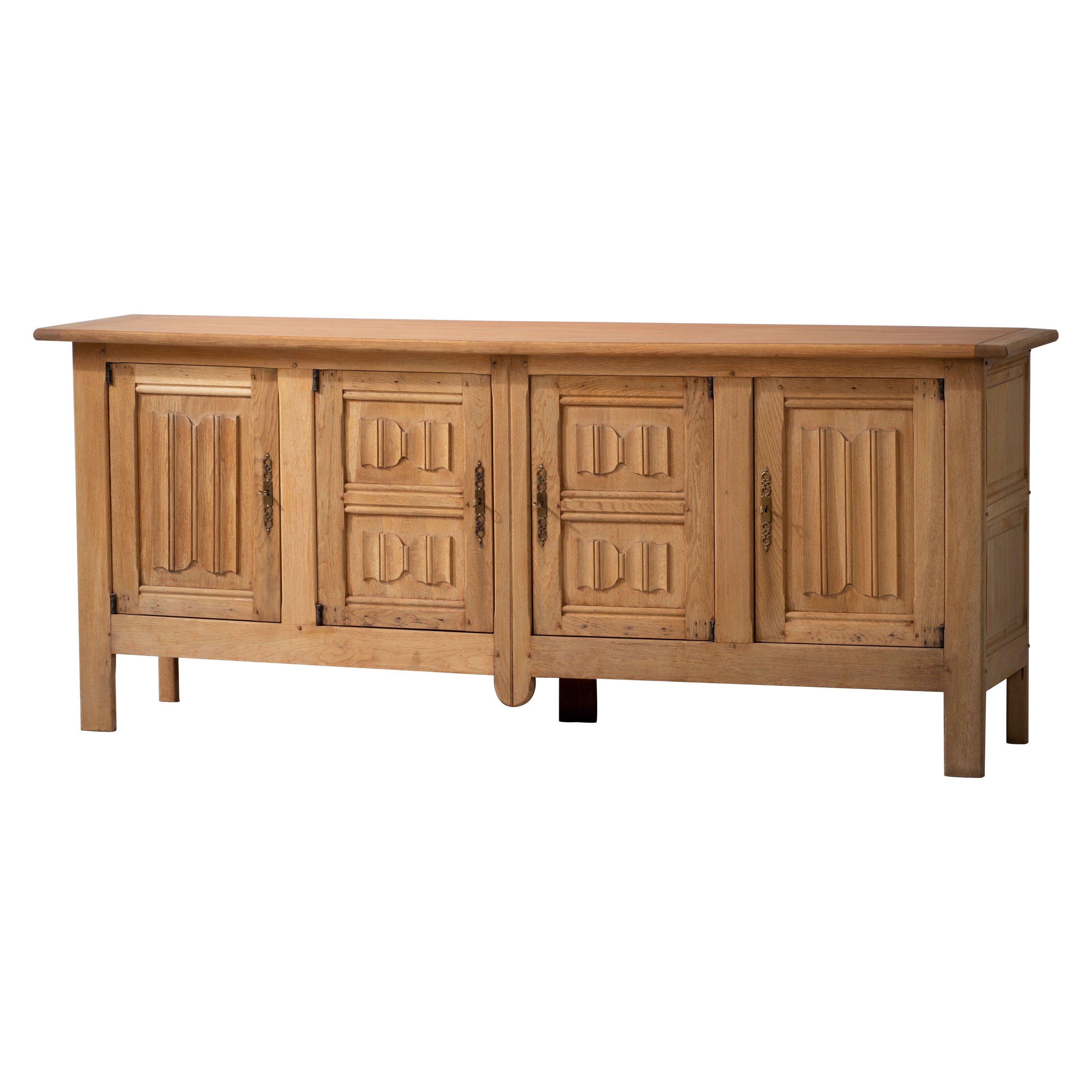 French 1950s Natural Oak Sideboard with Intricate Carved Panels