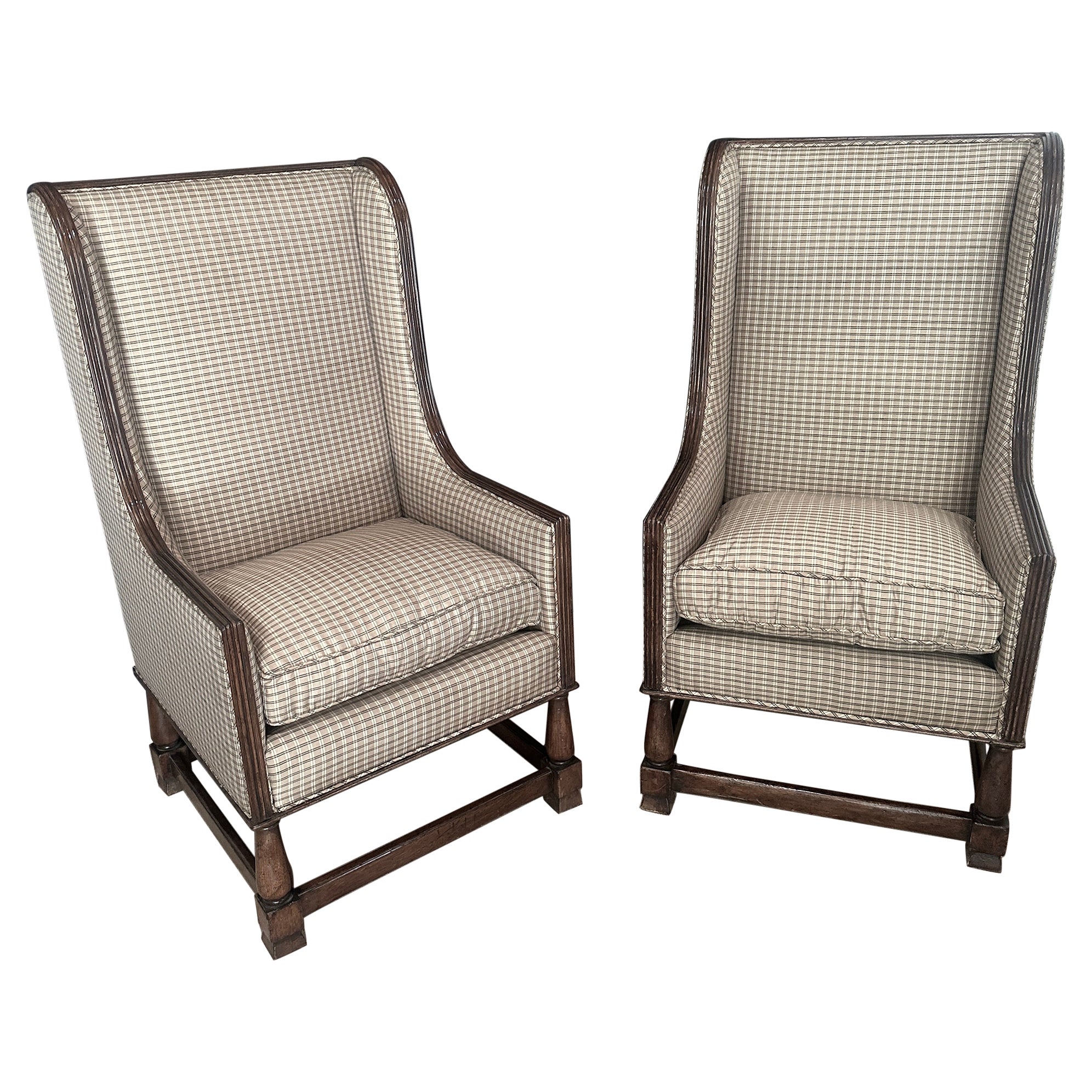  Italian Lounge Chairs in Walnut -a pair - newly upholstered in Silk Plaid For Sale