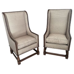 Antique  Italian Lounge Chairs in Walnut -a pair - newly upholstered in Silk Plaid