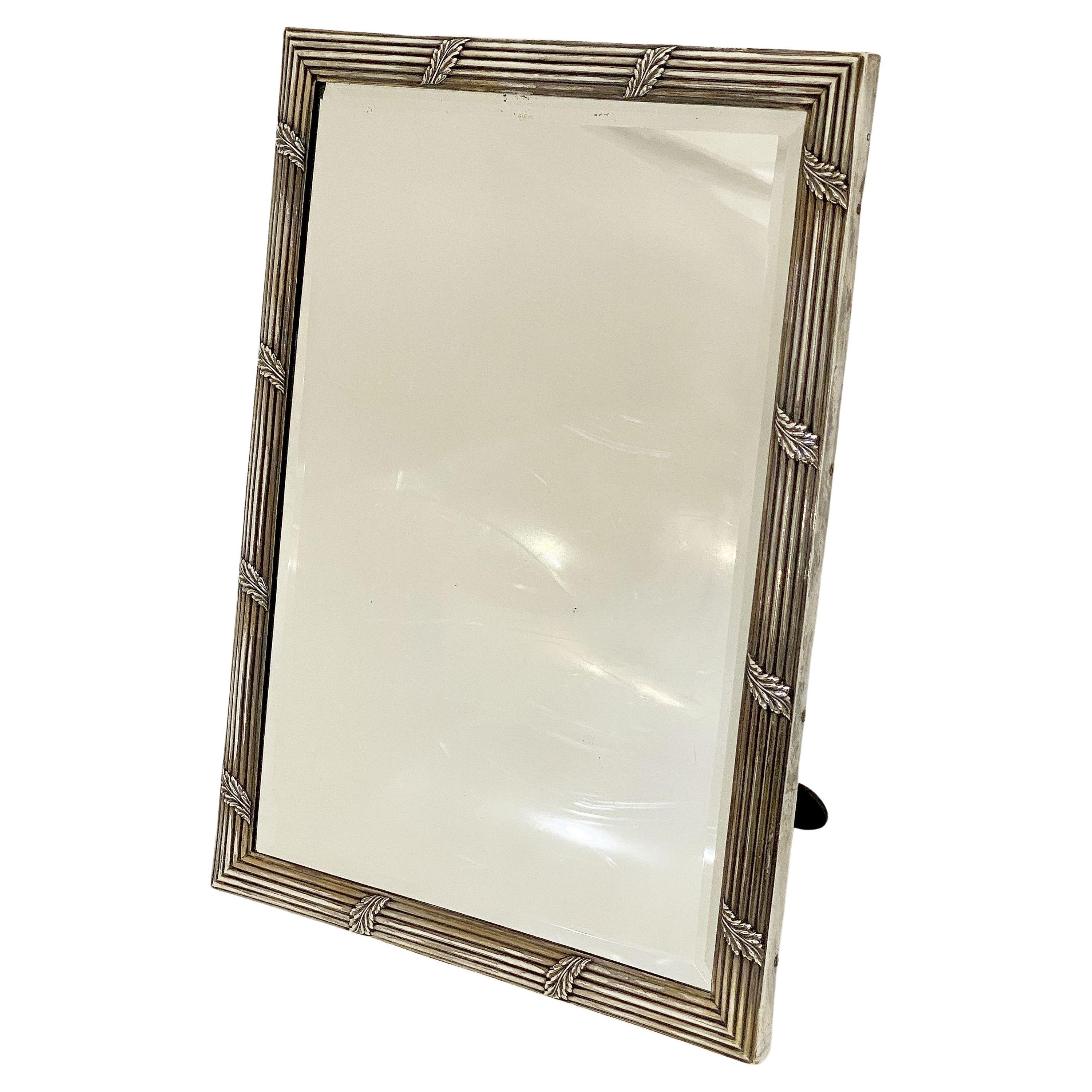 French Silver Vanity or Standing Table Mirror with Beveled Glass For Sale