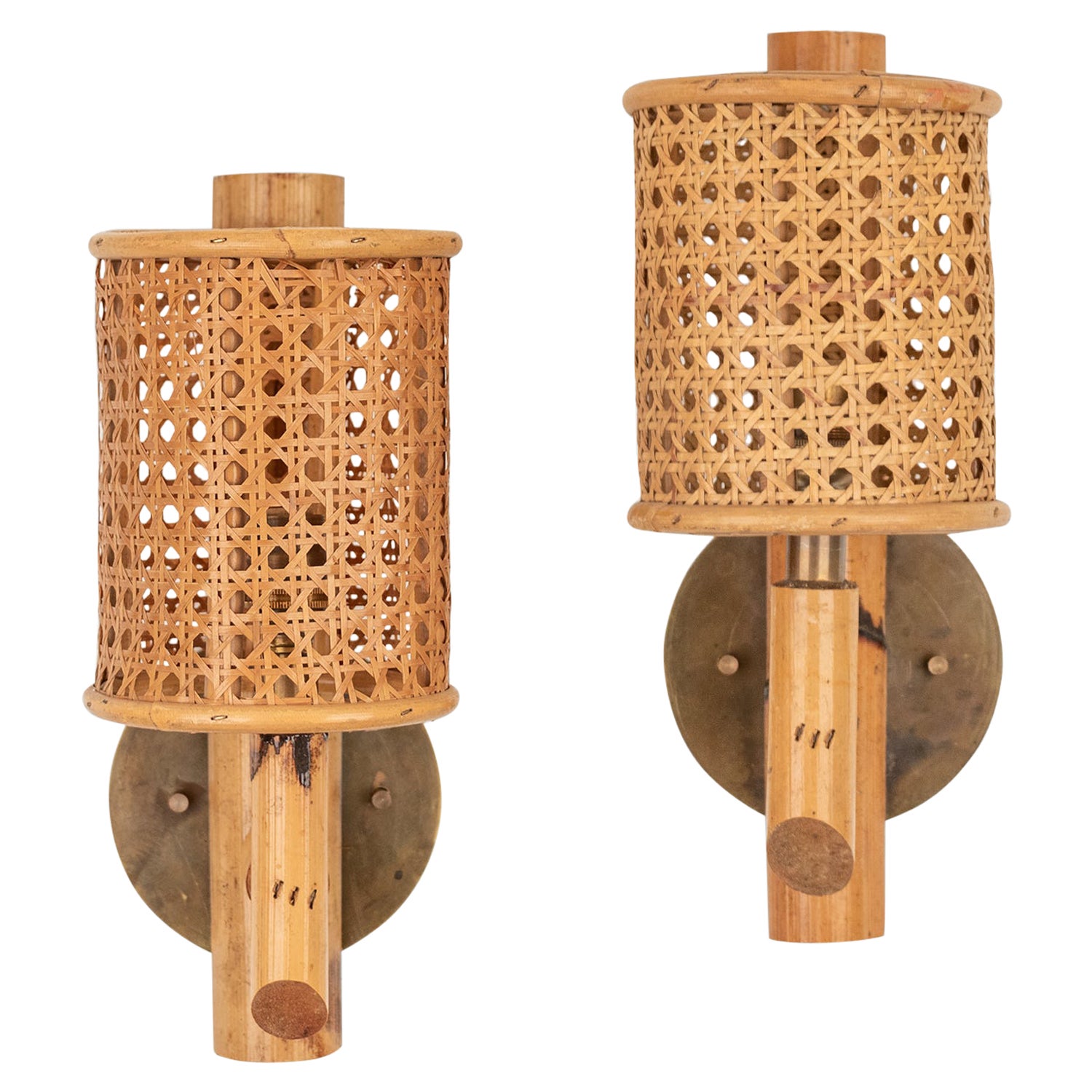 Pair of Italian Cane and Bamboo Torch Sconces