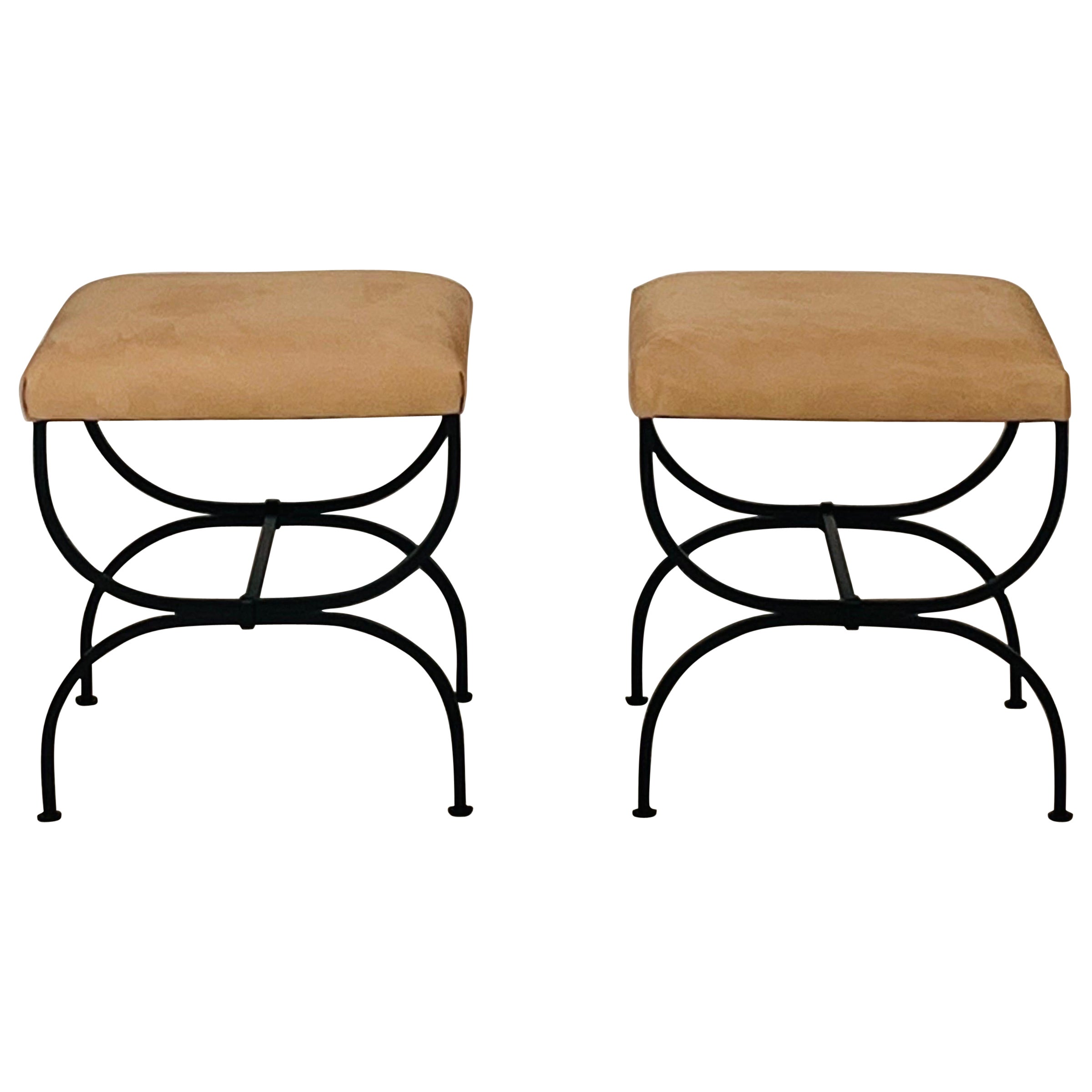Pair of 'Strapontin' Stools in Cognac Nubuck Leather by Design Frères For Sale