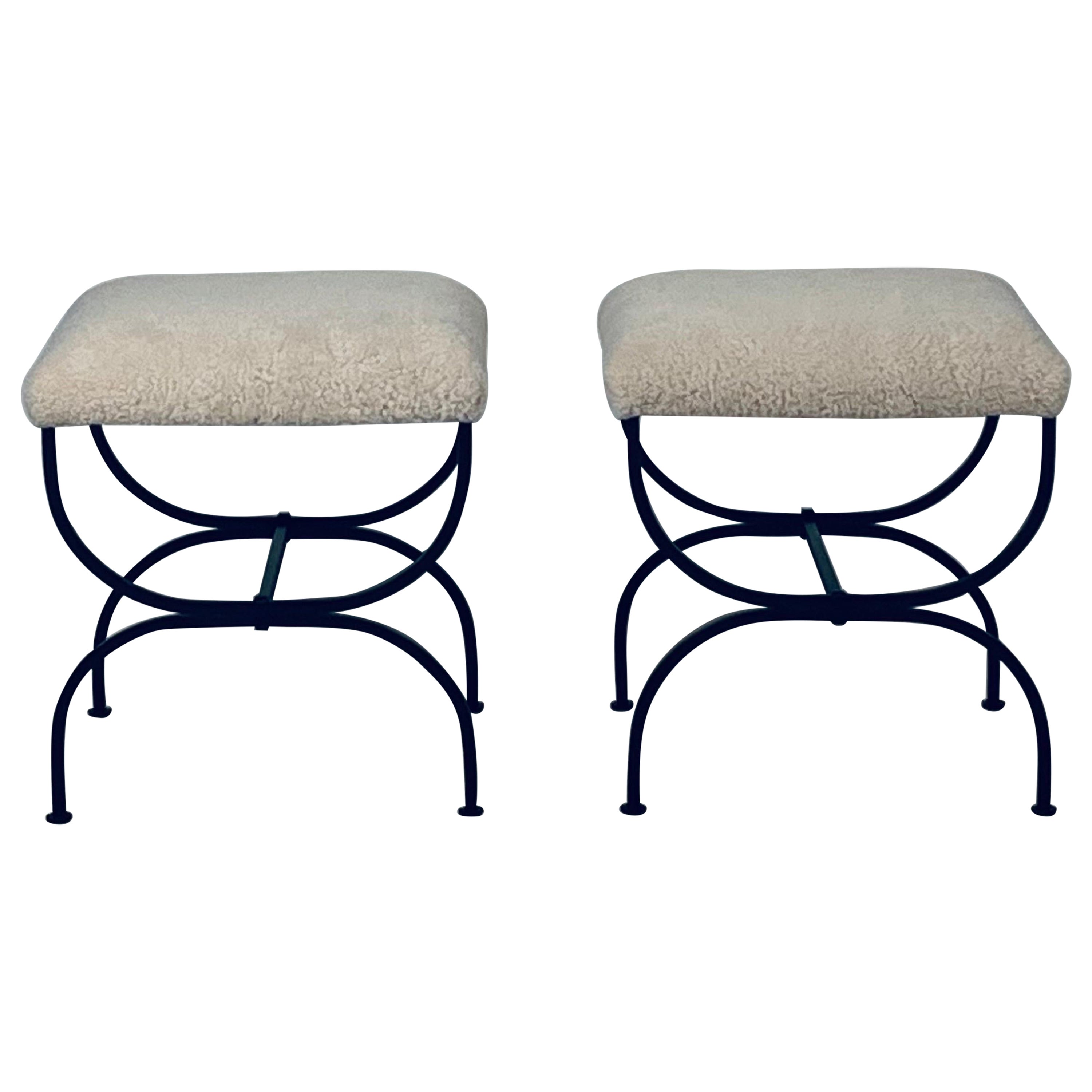 Pair of Cream Shearling 'Strapontin' Stools by Design Frères