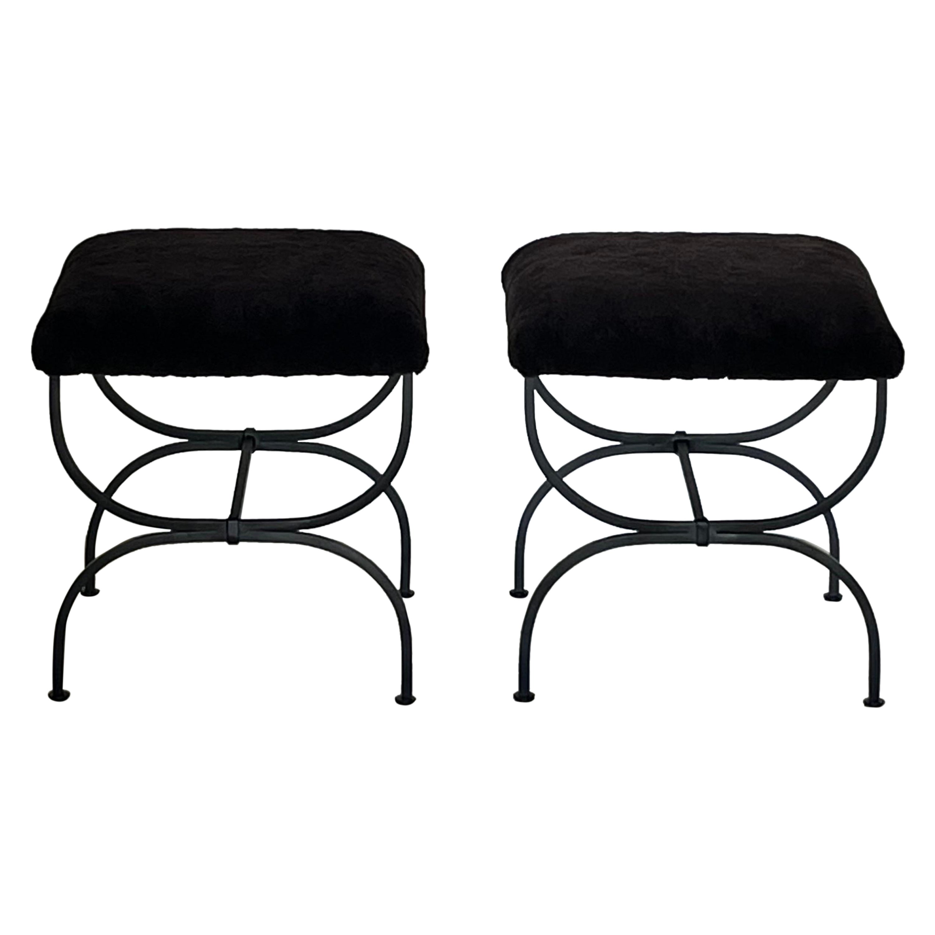 Pair of 'Strapontin' dark gray shearling stools by Design Frères For Sale