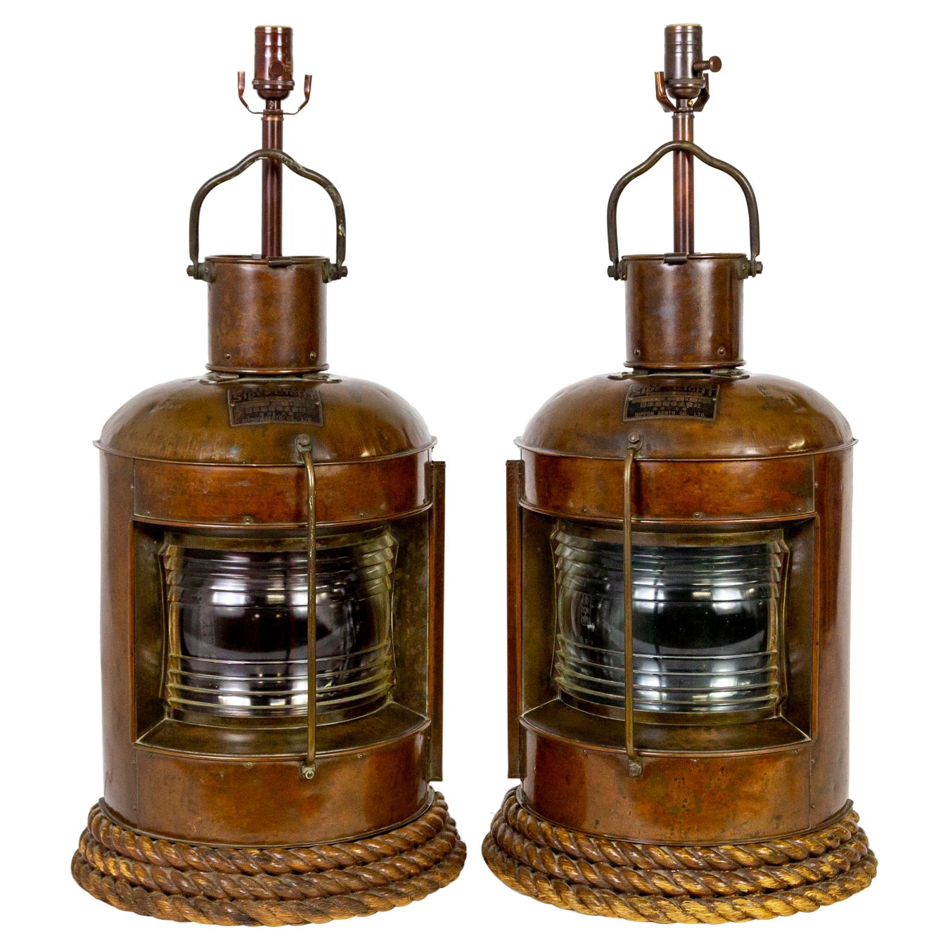 Large Antique Copper Ship Lanterns as Corner Table Lamps w/ Rope Base, Pair For Sale