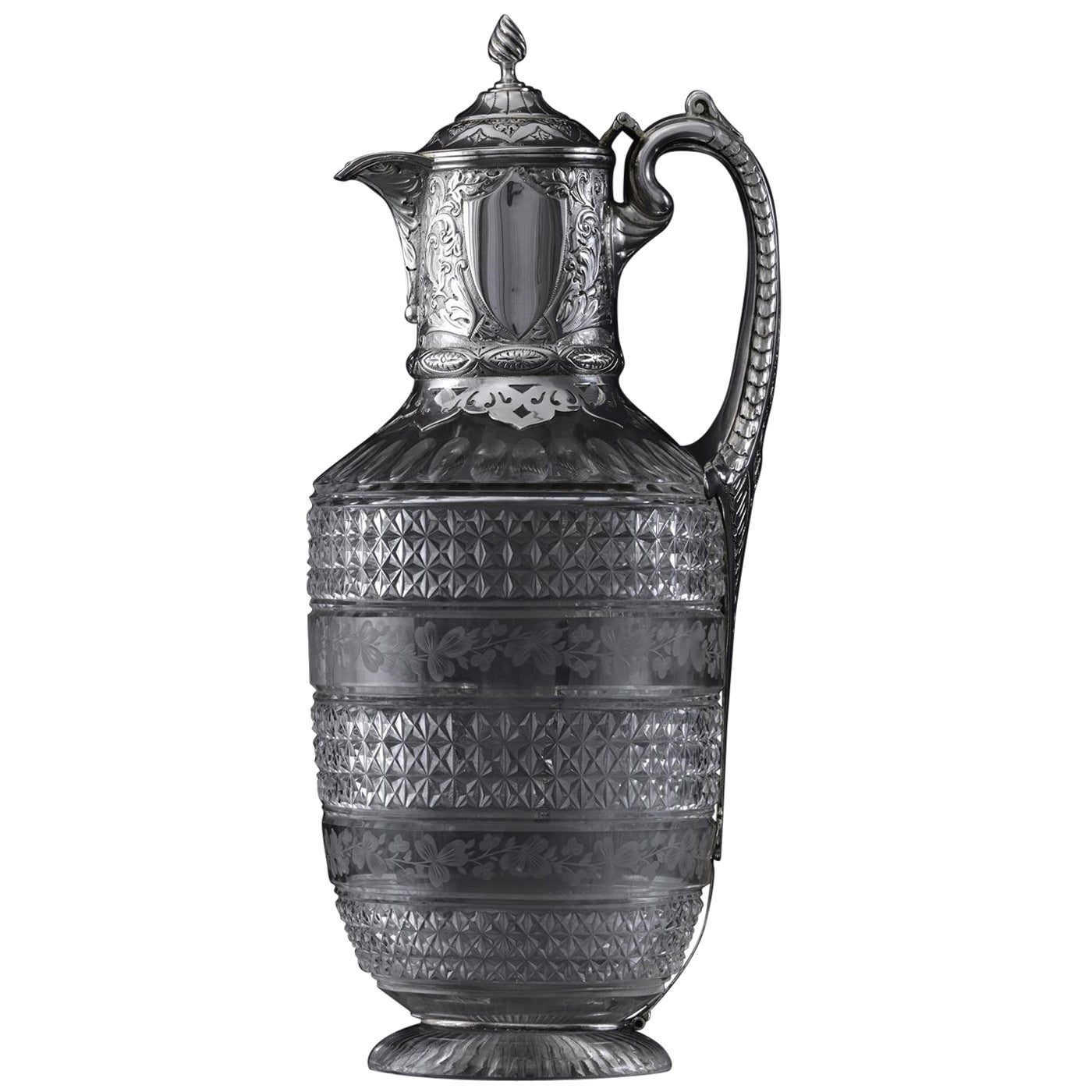 Silver-mounted antique cut glass wine jug For Sale
