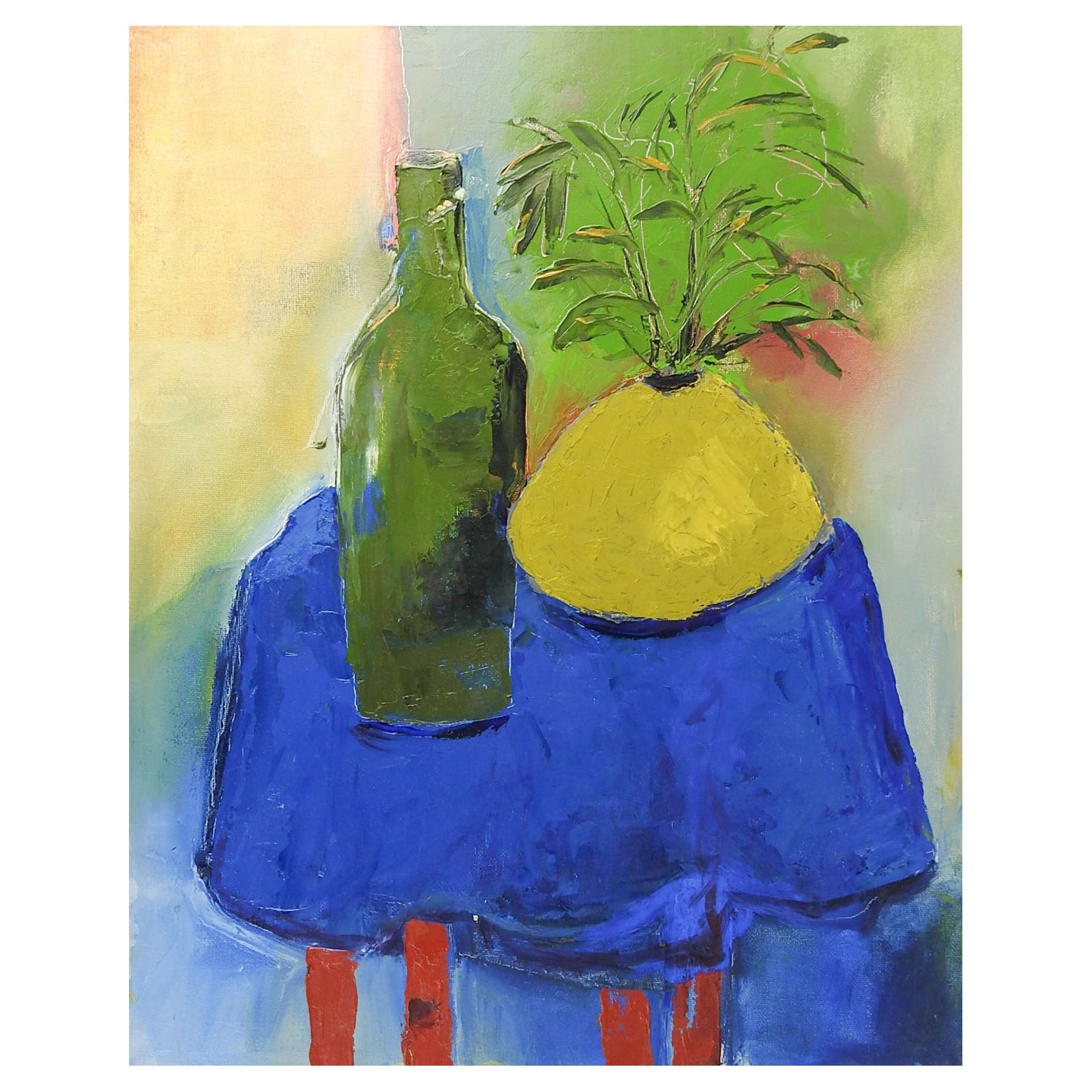 Vintage Modernist Blue Table and Yellow Vase Still Life Painting For Sale
