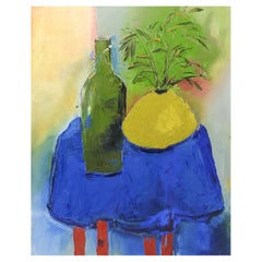 Vintage Modernist Blue Table and Yellow Vase Still Life Painting