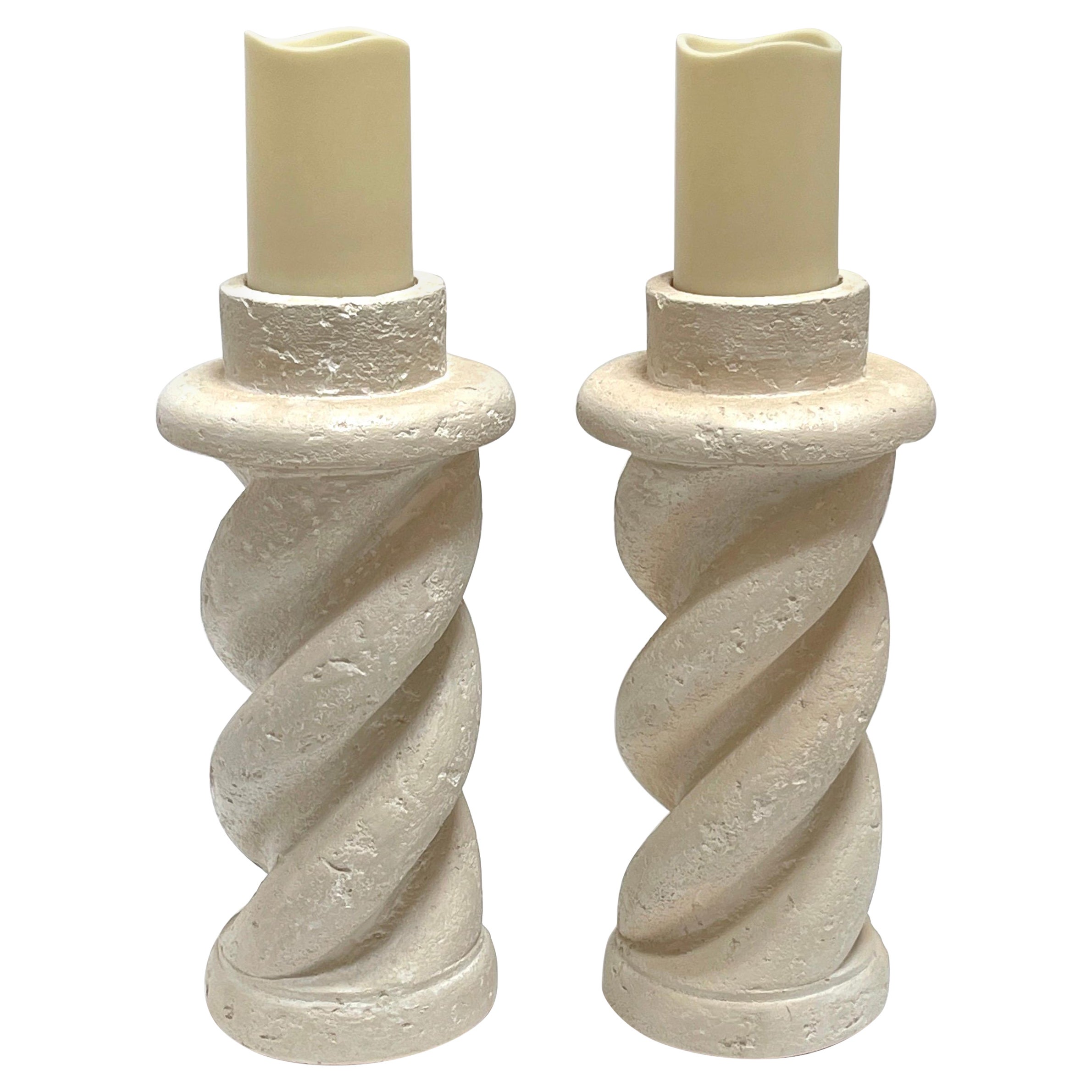 Pair of Michael Taylor Style Cast Plaster 'Coquina Stone' Spiral Candlesticks 