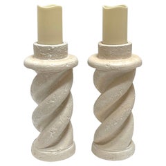 Pair of Michael Taylor Style Cast Plaster 'Coquina Stone' Spiral Candlesticks 