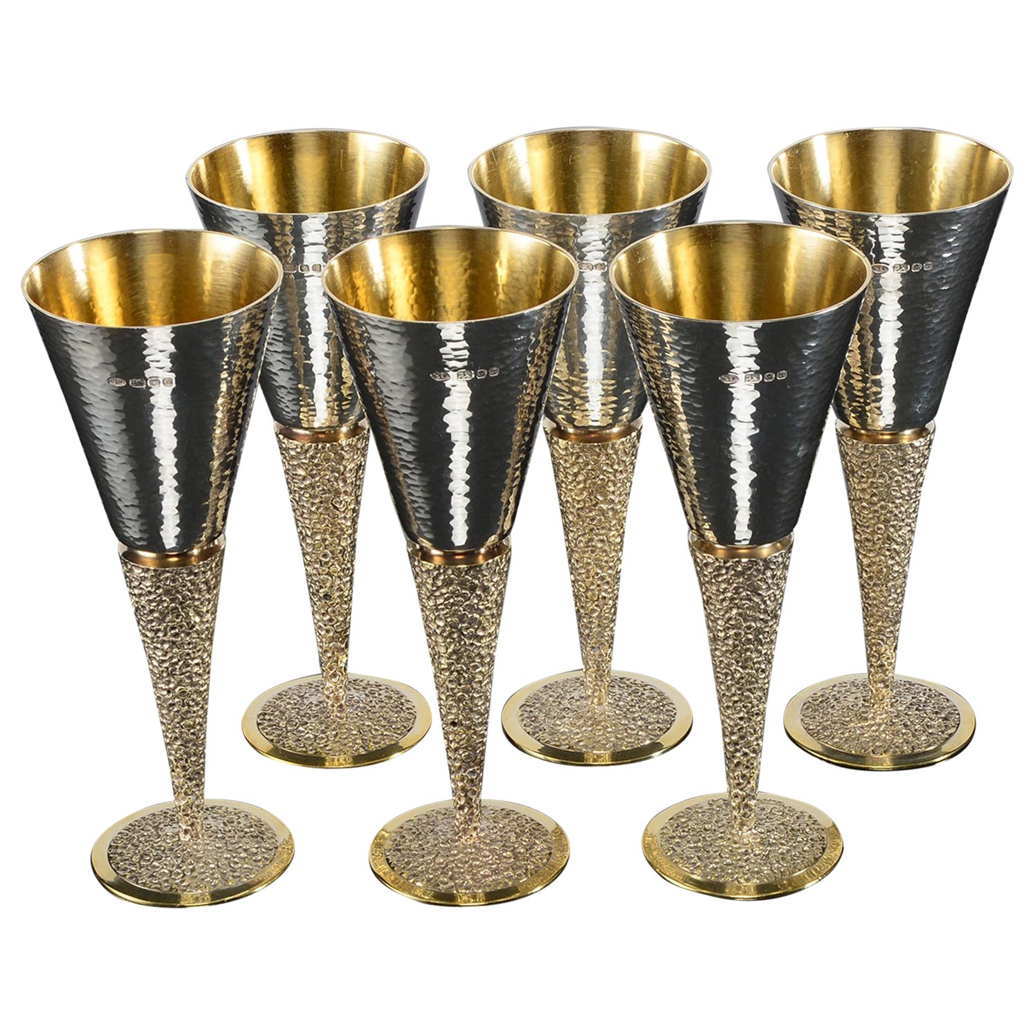 Set six midcentury silver and gilt Champagne flutes For Sale at 1stDibs