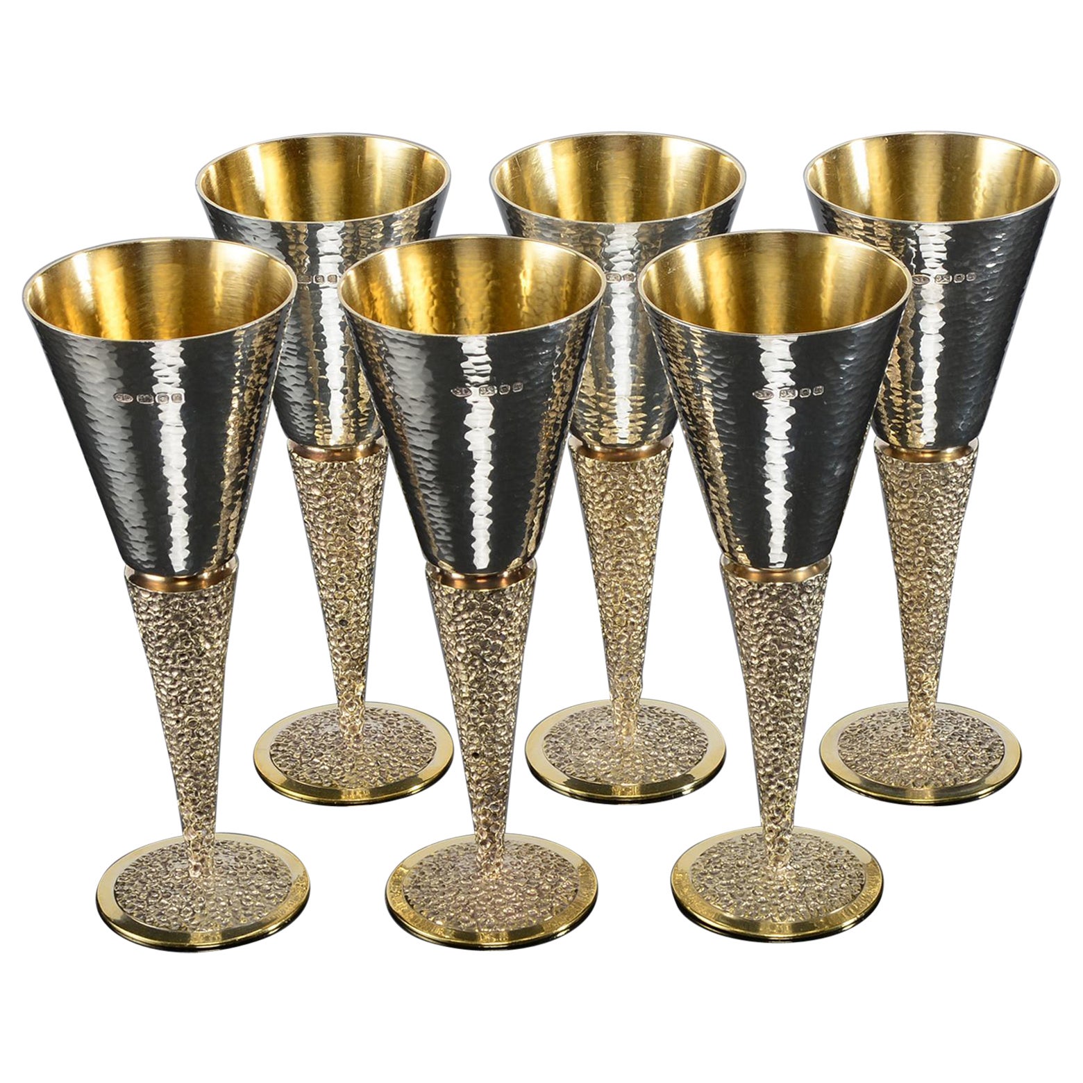 Set six mid-century silver & gilt Champagne flutes For Sale