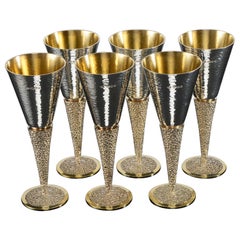 Antique Set six mid-century silver & gilt Champagne flutes
