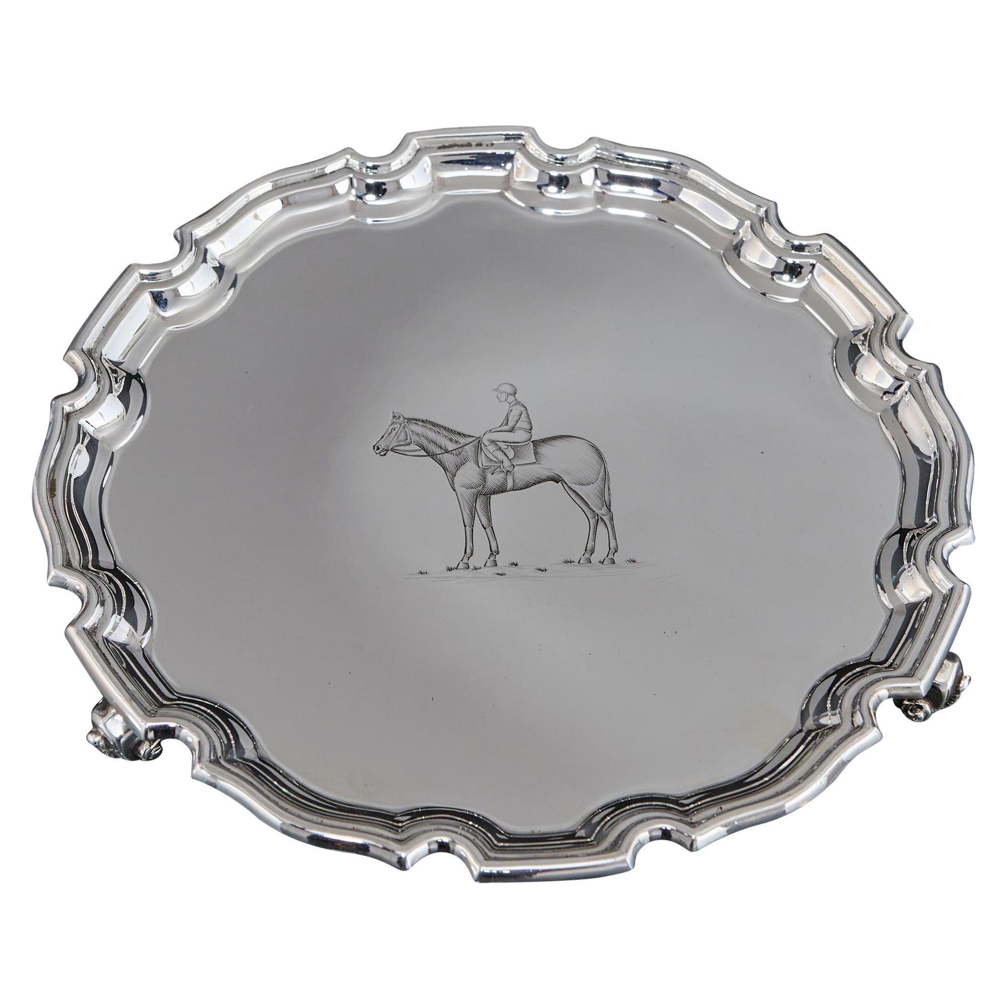 Silver salver engraved with racehorse & jockey For Sale