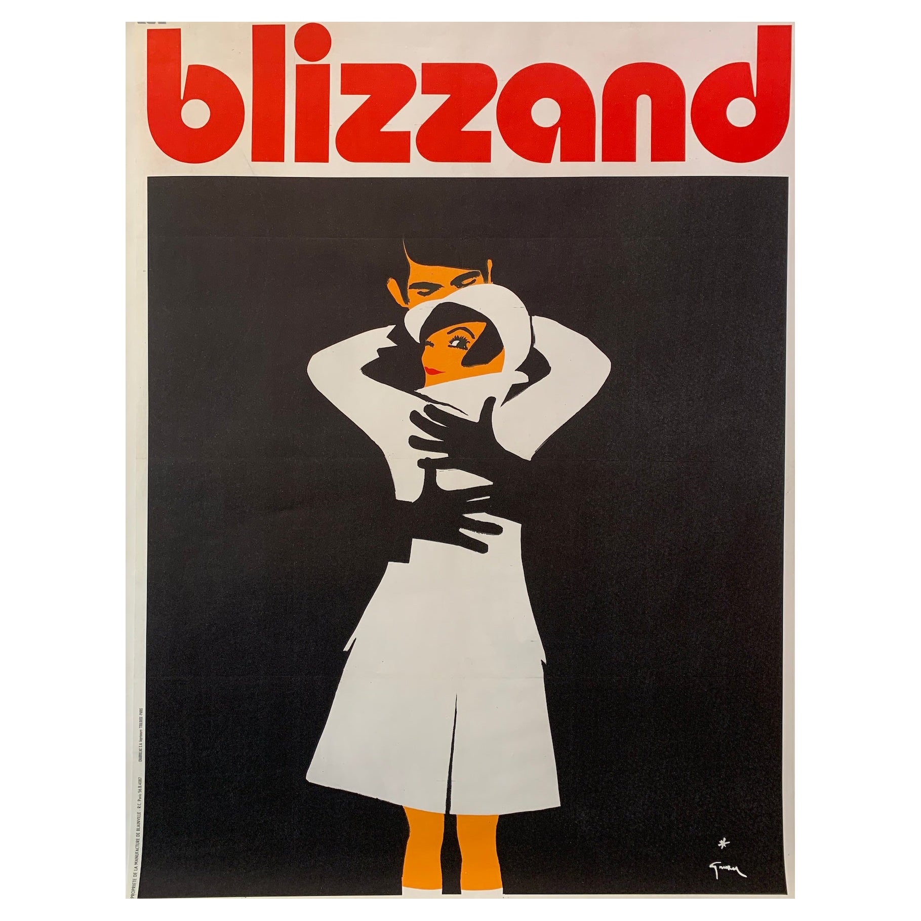 Affiche publicitaire originale de BLIZZAND EMBRACE datant d'environ 1968 par GRUAU en vente