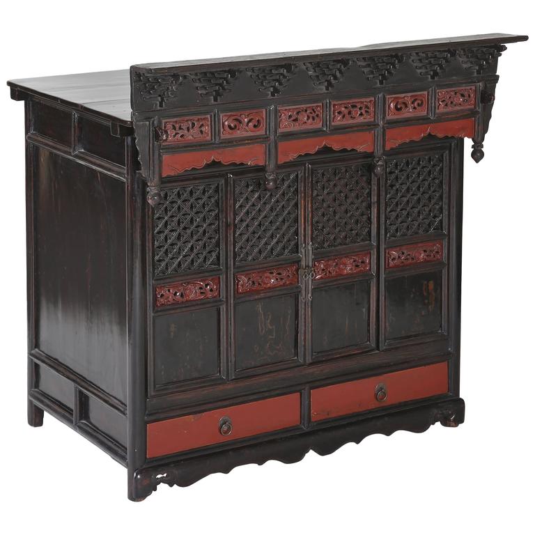 Antique Black Red Lacquer Table Shrine Cabinet Carved Lattice Doors Antique Black Red Lacquer Table Shrine Cabinet Carved Lattice Doors Chinoiserie For